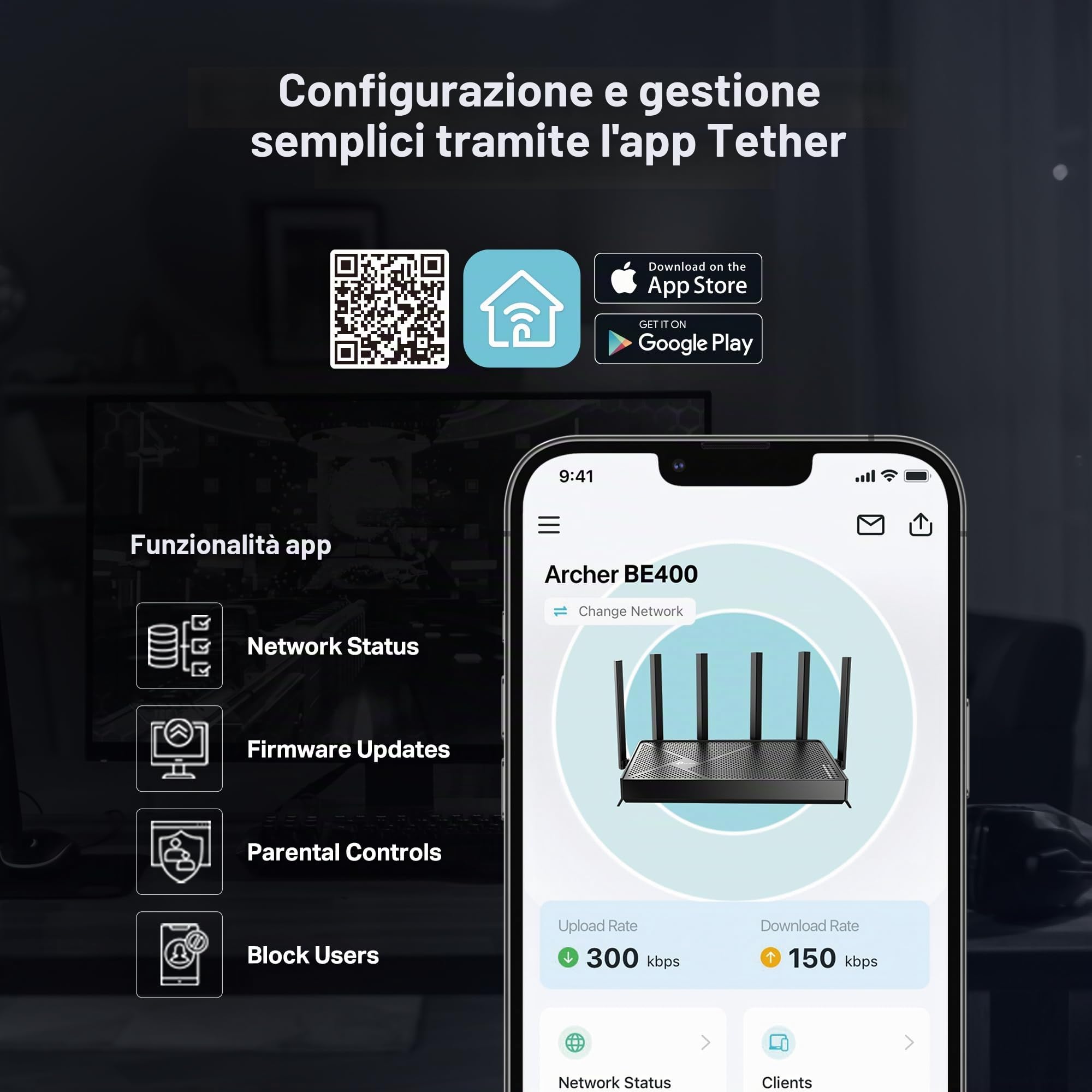 TP-Link Archer BE6500 Router Wi-Fi 7 Dual Band (Archer BE400) | Doppia porta USB 3.0 da 2,5 Gbps | CPU Quad-core | HomeShield, IoT privato per la sicurezza di rete | Clienti VPN