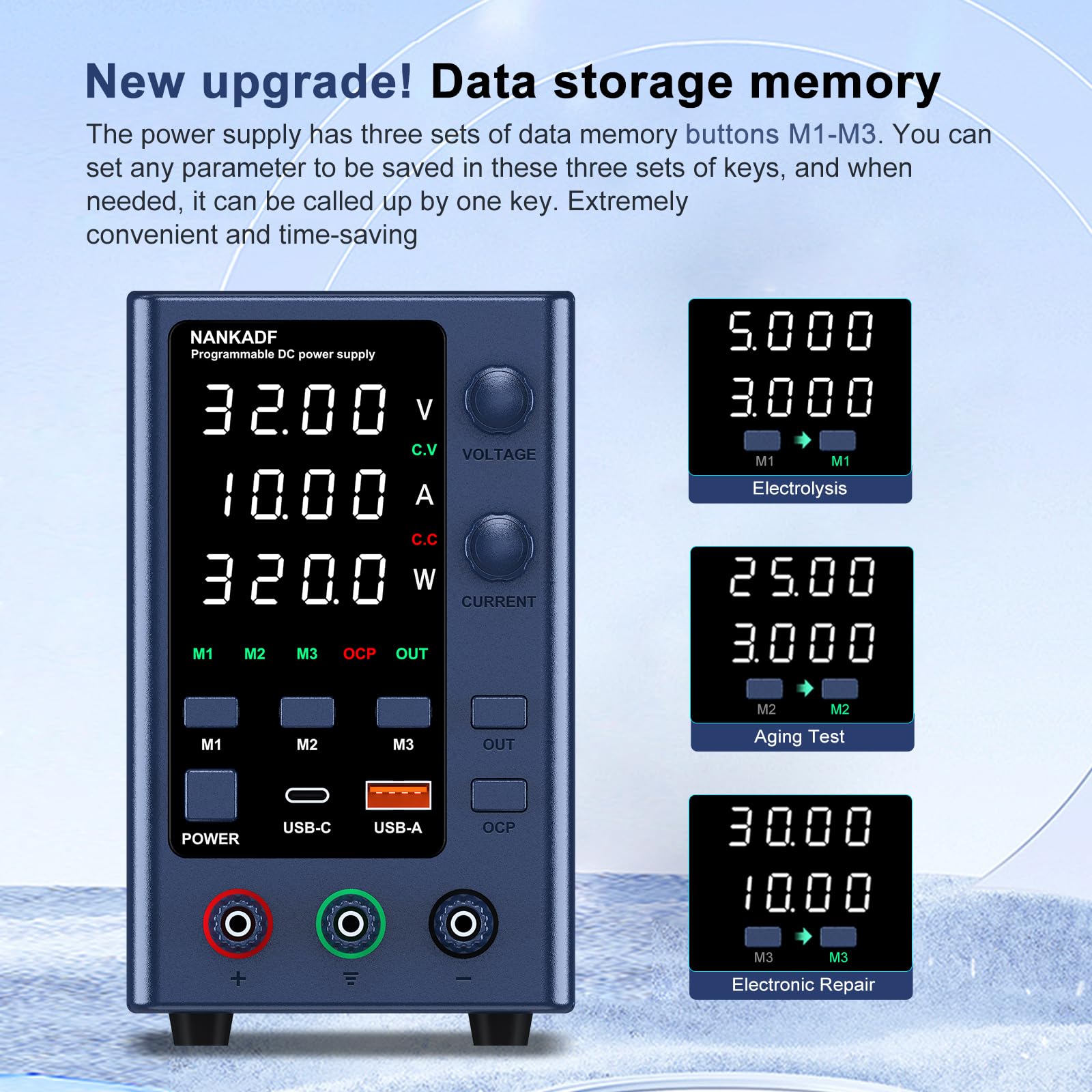 Alimentatore da Banco 0-32V/0-10A, Alimentatore da Laboratorio Regolato ad alta Precisione Display a LED a 4 cifre, con Controllo Encoder e Memoria dati