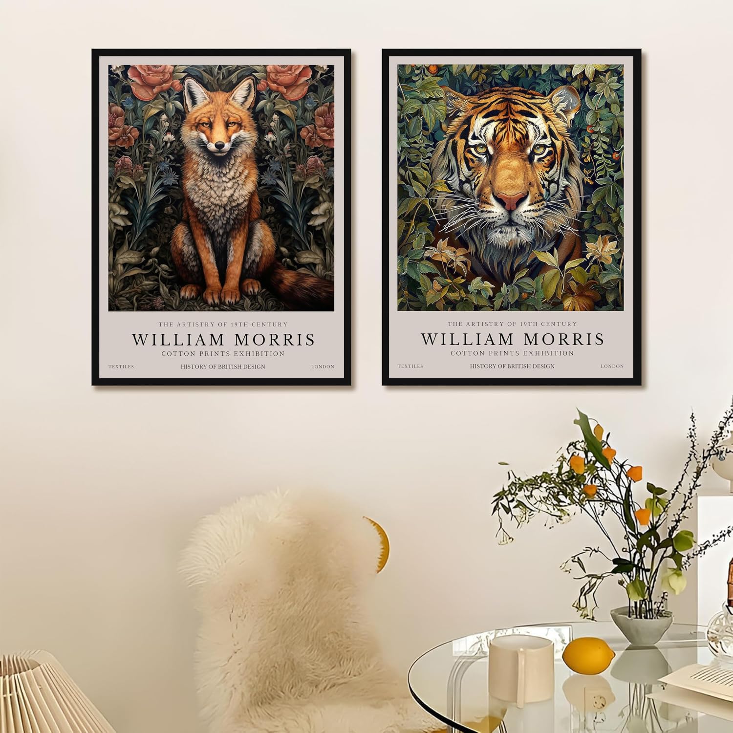 William Morris Posters Tiger Fox Wall Art Flower & Animal Print 50x70cmX2