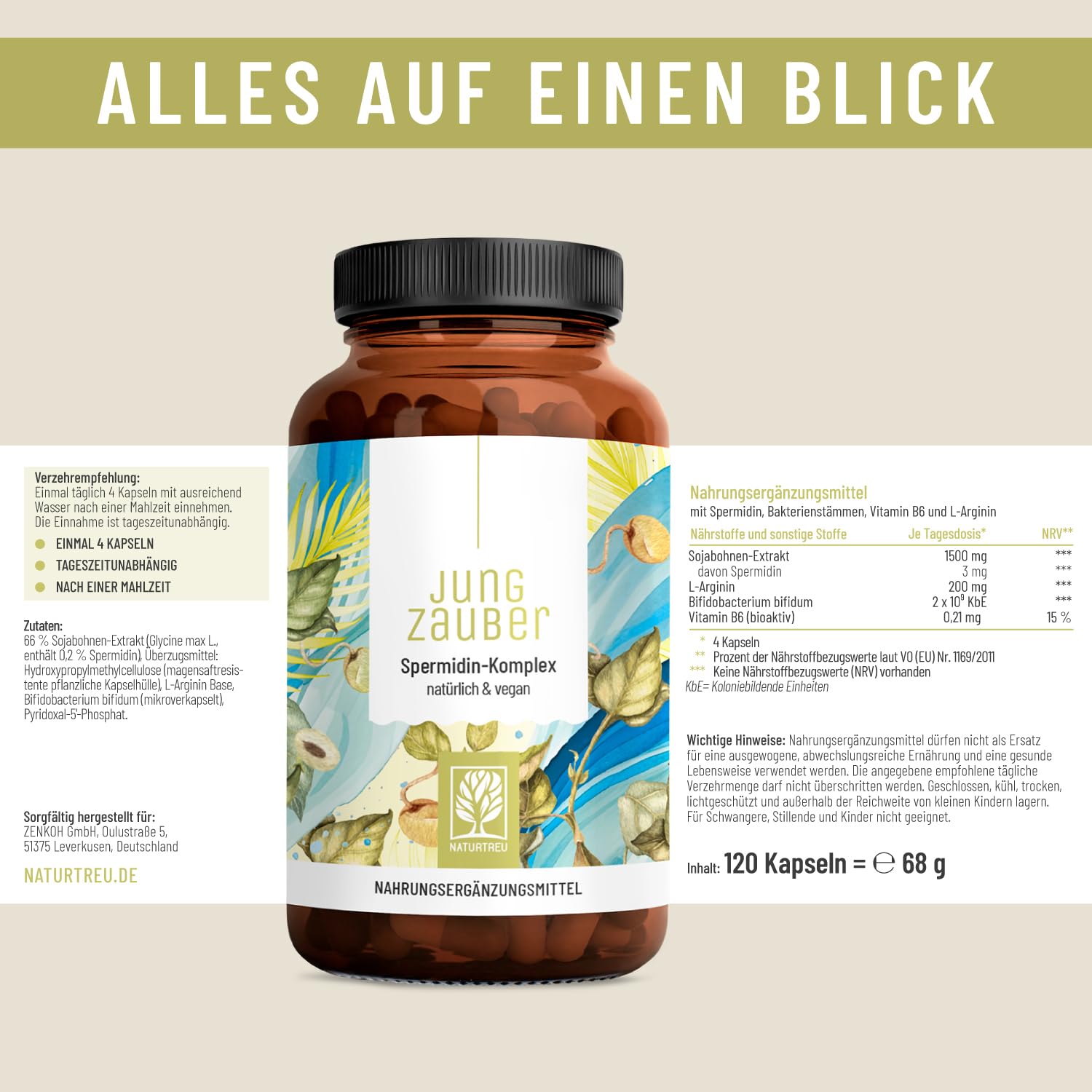 NATURTREU® Spermidin Kapseln hochdosiert mit hochwertigen Spermidin, L-Arginin, Bifidobakterien & Vitamin B6 - vegan - 120 magensaftresistente Kapseln - in Deutschland produziert & laborgeprüft
