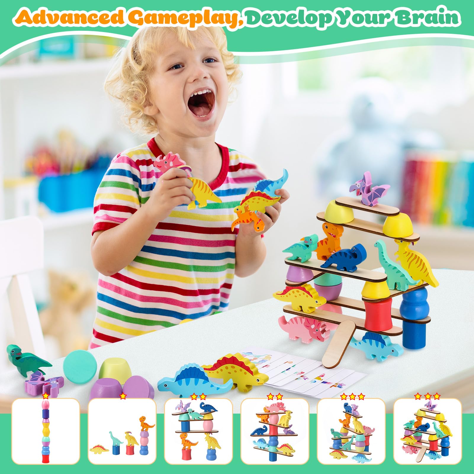 GSrenyu Montessori Dinosaur Toys for 1-4 Year Old Toddlers,Wooden Dinosaur Blocks Sorting & Stacking & Balance Toys, Educational Gift