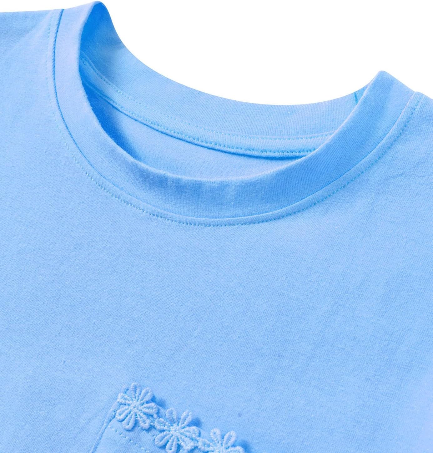 Girl Short Sleeve T Shirts 100% Cotton T-Shirts Floral Trim Tees with Pocket Tops Blouse 5-12Y - Image 5