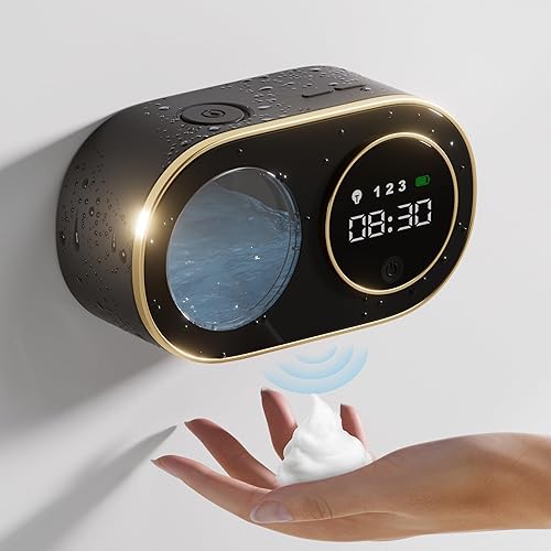 Automatic Soap Dispenser Touchless HD LED Time Display Foaming Soap Dispenser Wall Mount Rechargeable Auto Smart Hand Soap Dispenser for Bathroom Kitchen (Black)