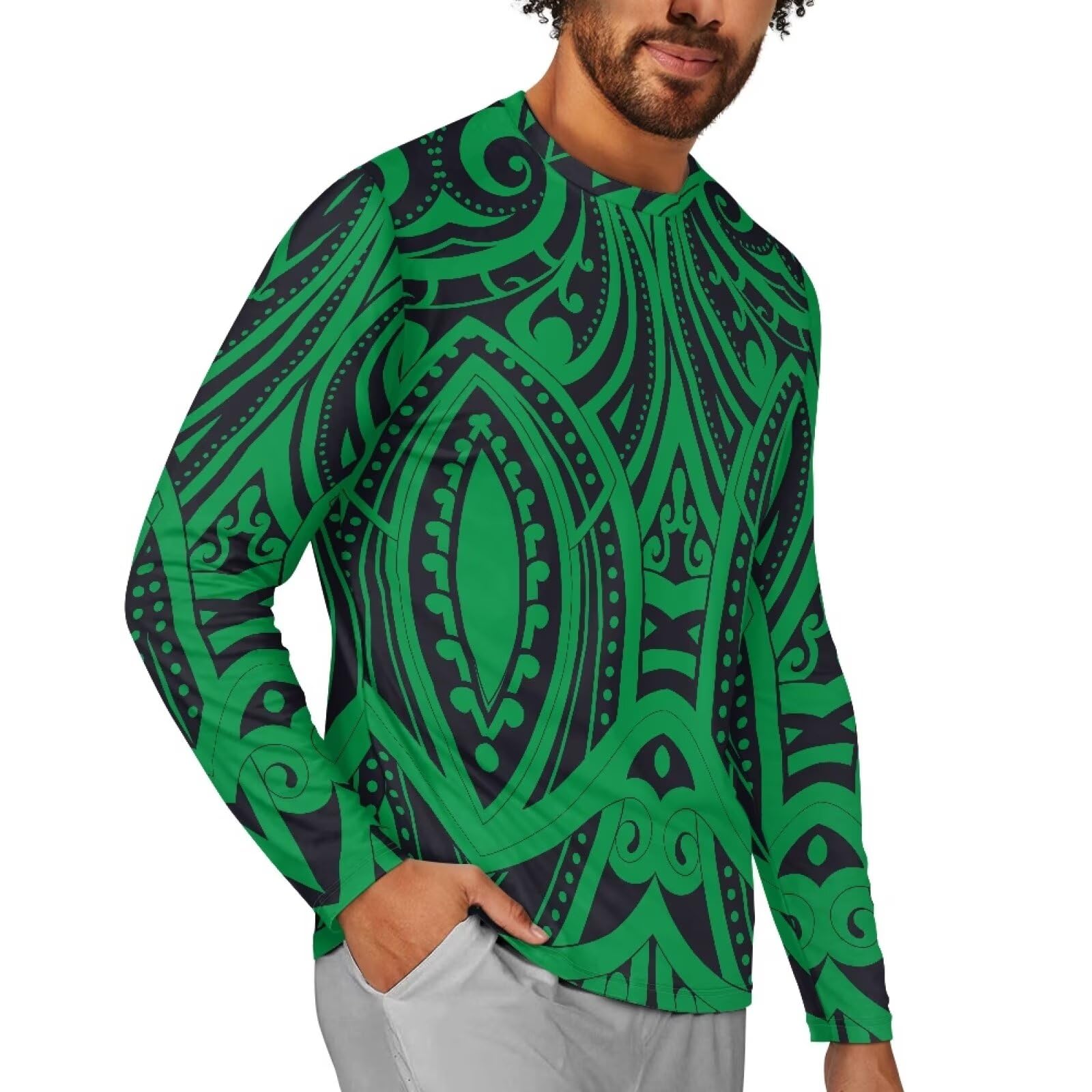Guosanchn Puletasi Samoan T Shirt for Men Green Tops Long Sleeve Shirt Hawaiian Tee Shirt Casual Workout Shirt Outdoor Athletic Shirt Geaphic Novelty Tee Tops Spring Costume 4XL
