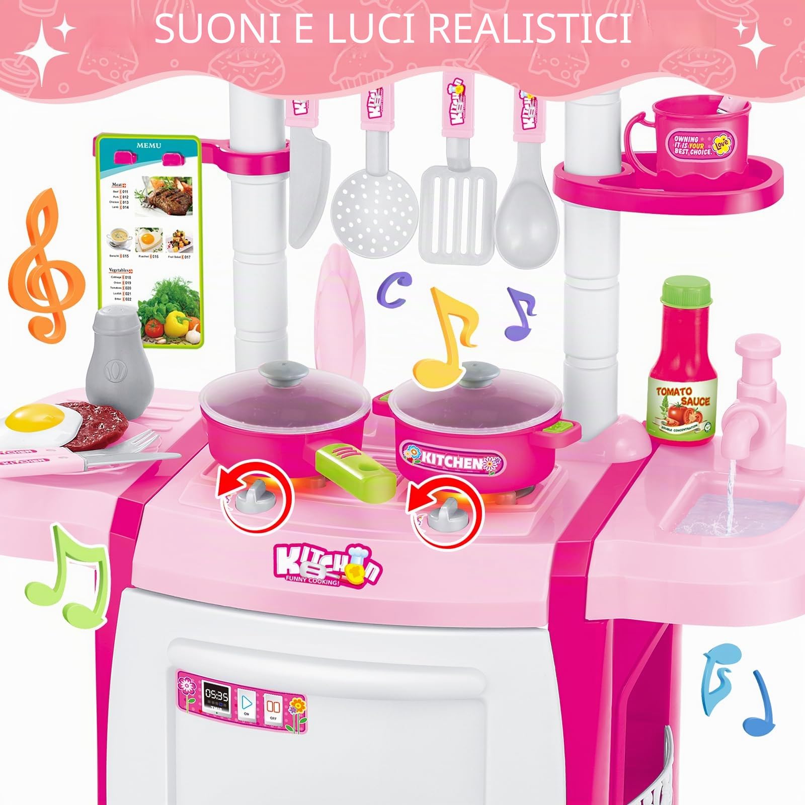 deAO My Little Chef Cucina Giocattolo in Miniatura con Luci e Suoni, 18 Accessori, Fornello, Lavello, Padelle e Utensili, Gioco di Ruolo, Regalo per Bambini e Bambine | Rosa