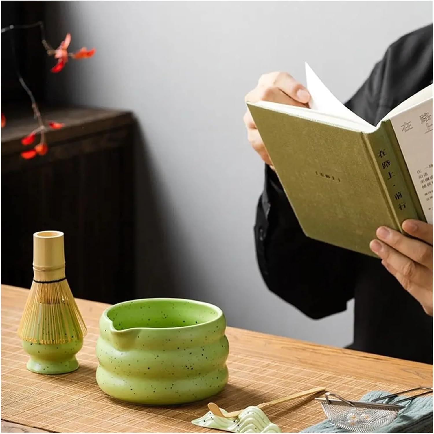 Ceramic Matcha Bowl Sand Dot Smooth Tea Salad Soup Large Capacity Temperature Resistant Whisk Stand(Purple-A)