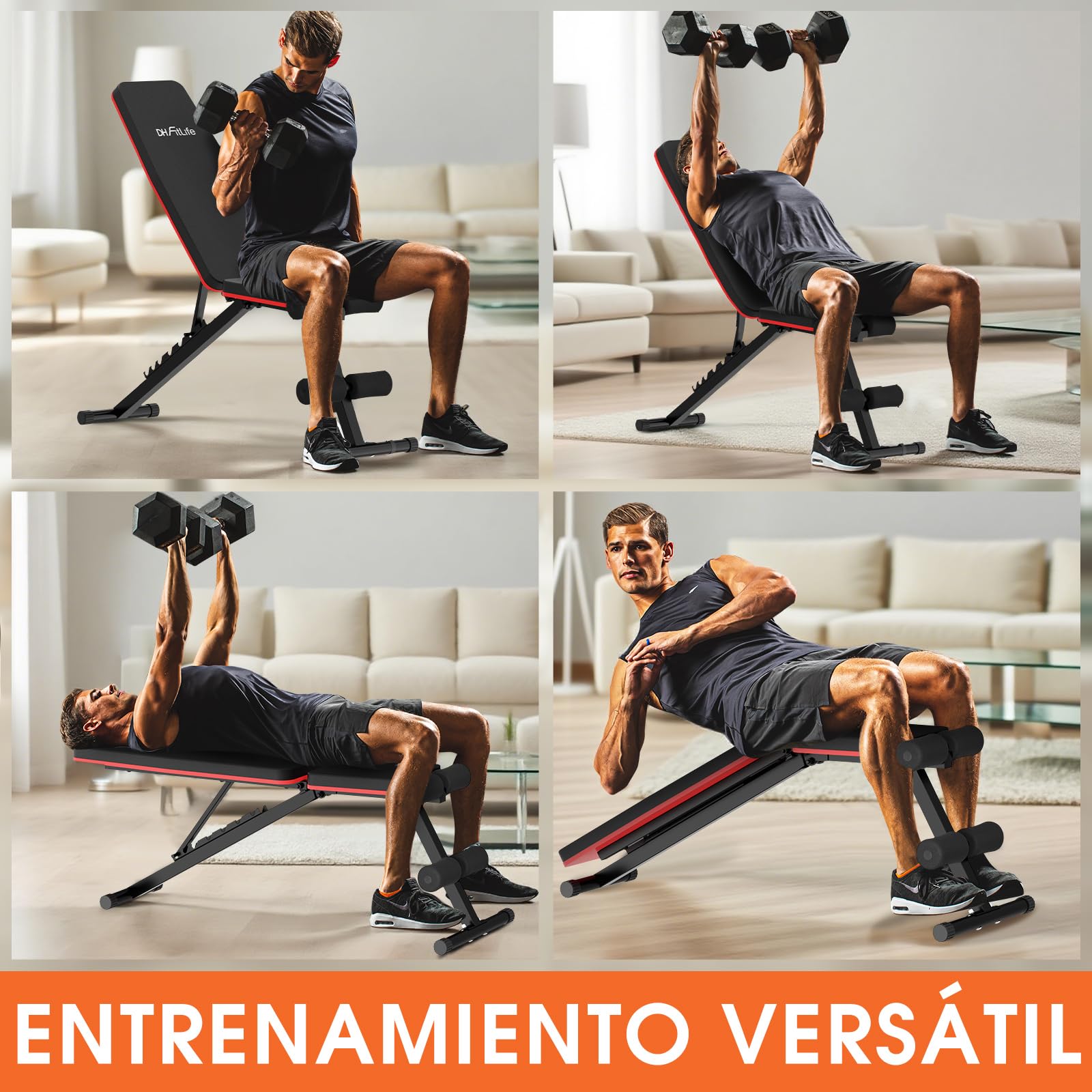 DH FitLife Banco de Pesas Plegable 8 en 1 | Banco de Entrenamiento para Cuerpo Completo en Casa | Banco Ajustable y Inclinado, Entrenador de Abdominales para el Gimnasio en Casa