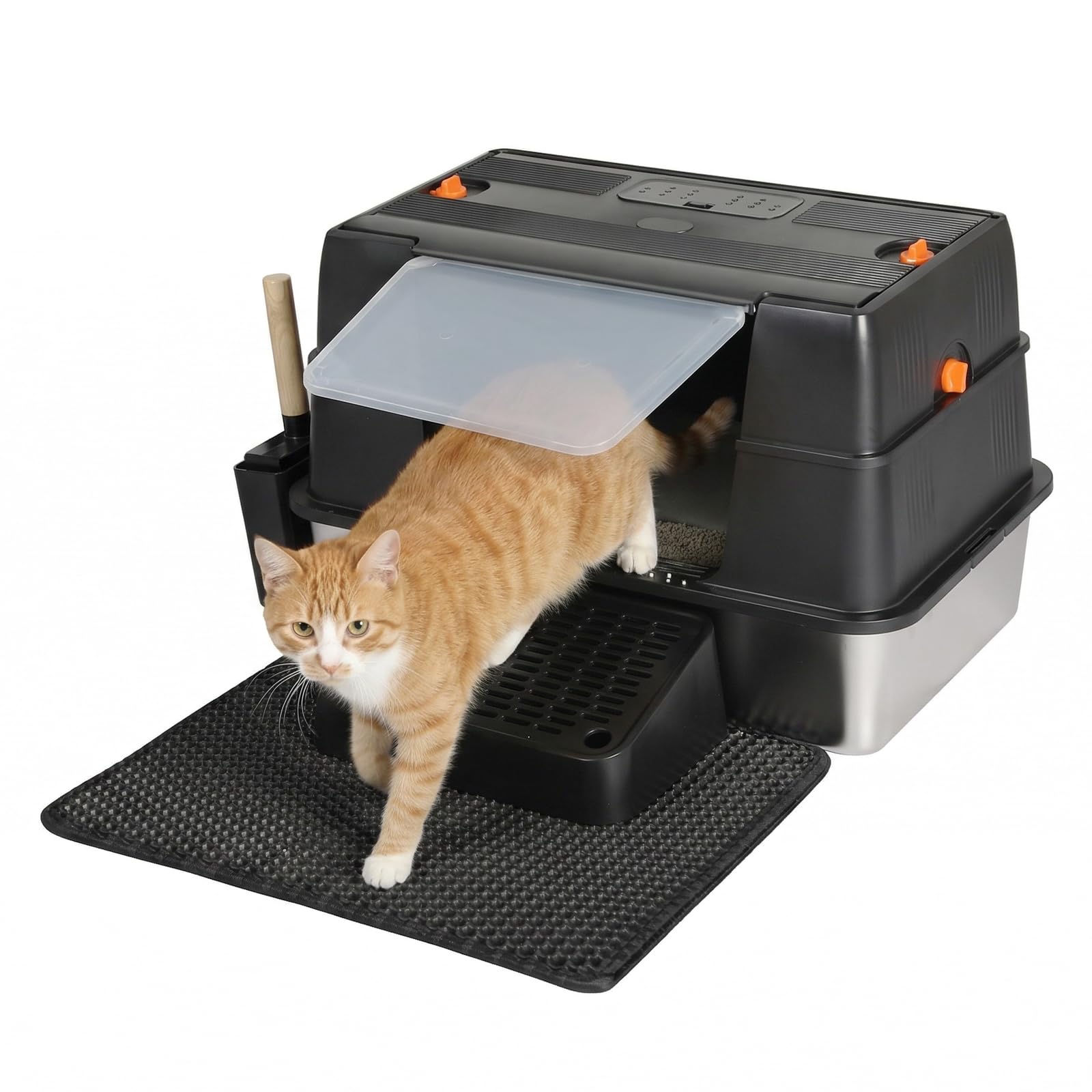 Skylos Stainless Steel Cat Litter Box with Lid, XXL 58×38×38cm Enclosed High-Sided Metal Litter Tray for Large Cats & Multi-Cat Homes, Odor Control Easy Clean with Scoop, Scoop Holder & Mat