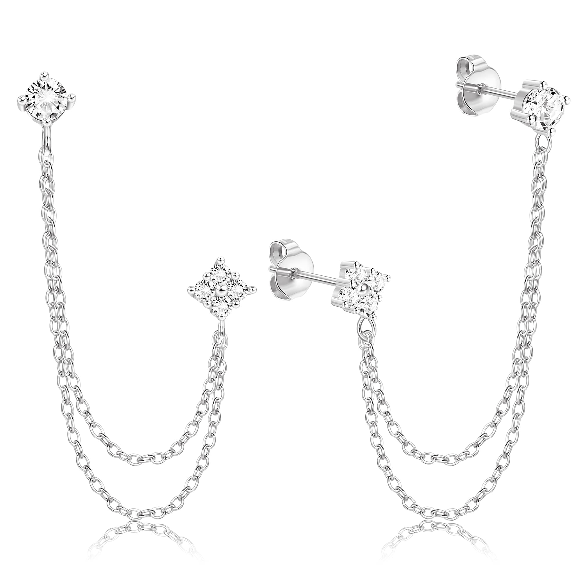 KRFY Pendientes de Tuerca de Cadena de Plata de ley S925 para Mujeres Niñas Chapado en Oro de 18 Quilates Trepador Borla cadena, Colgante pendientes de Gota con Brillante CZ para Orejas Sensibles