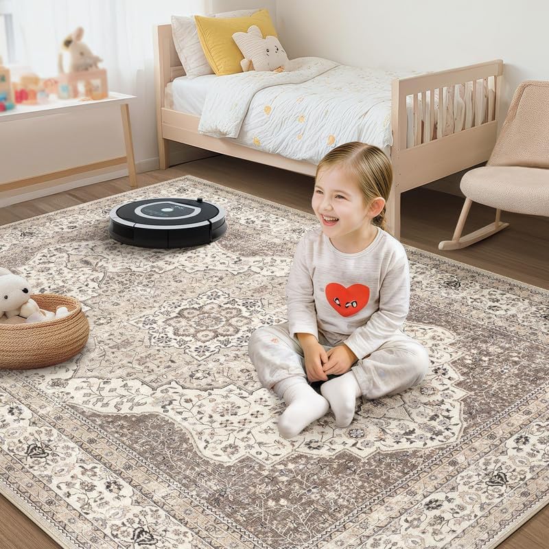 Washable Rug 6x9 Area Rugs for Living Room Bedroom Dining Room Home Office Floor Decor -Stain & Fade Resistant Non Slip Backing Carpet,Ultra-Thin Vintage Large Carpets (Brown/Beige,6'x9')