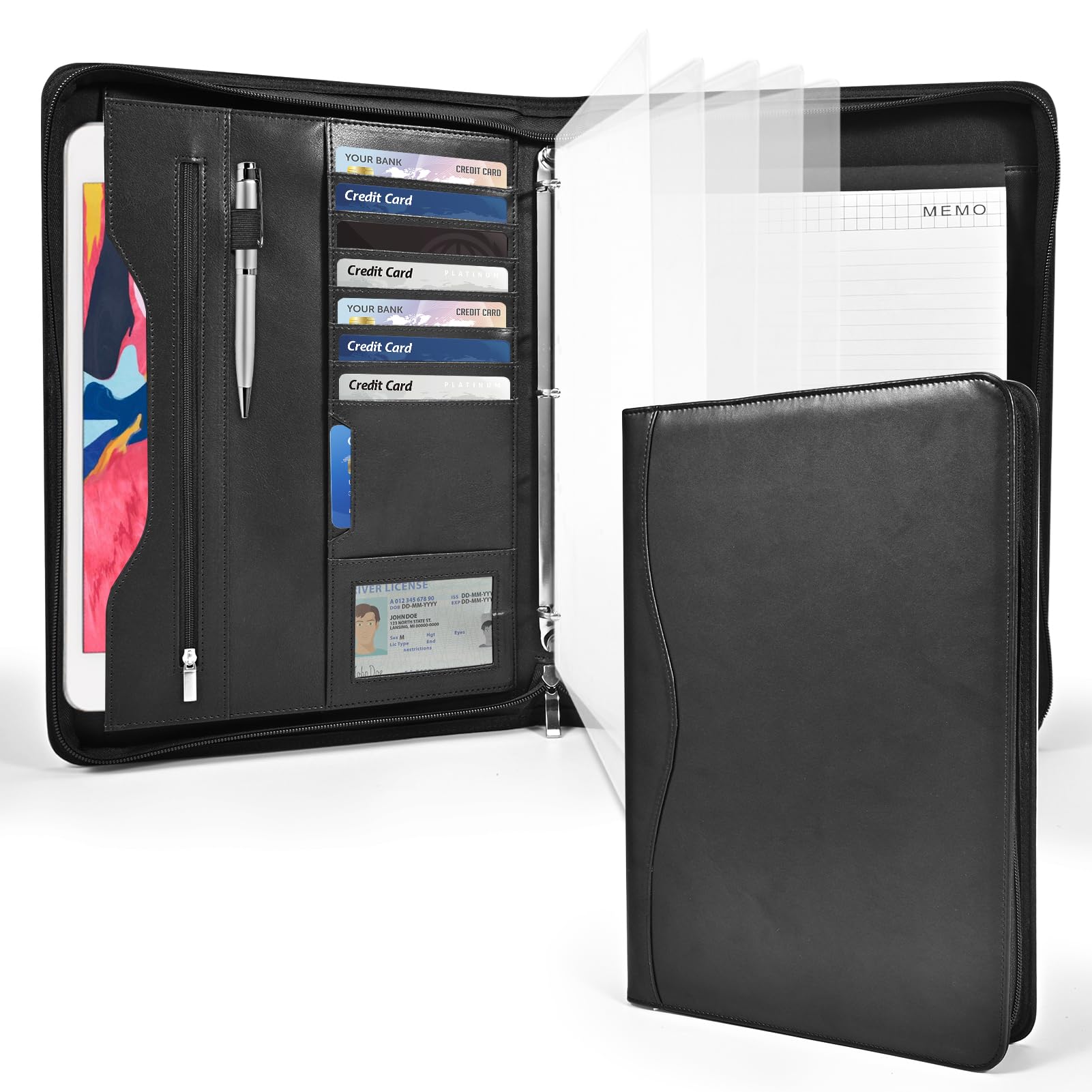 Deziliao 3-Ring Padfolio Portfolio Binder Organizer, Document Organizer Folio, 10.4 Inch PU Leather Business Portfolio with Zipper, Business Planner Notebook Organizer for Women/Men（Black） D00070