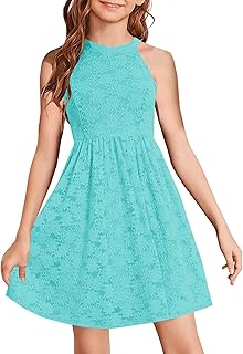 Girls Halter Neck Sleeveless Elegant Floral Lace A-line Flared Swing Party Dress for 6-12 Years Kid - Buy now