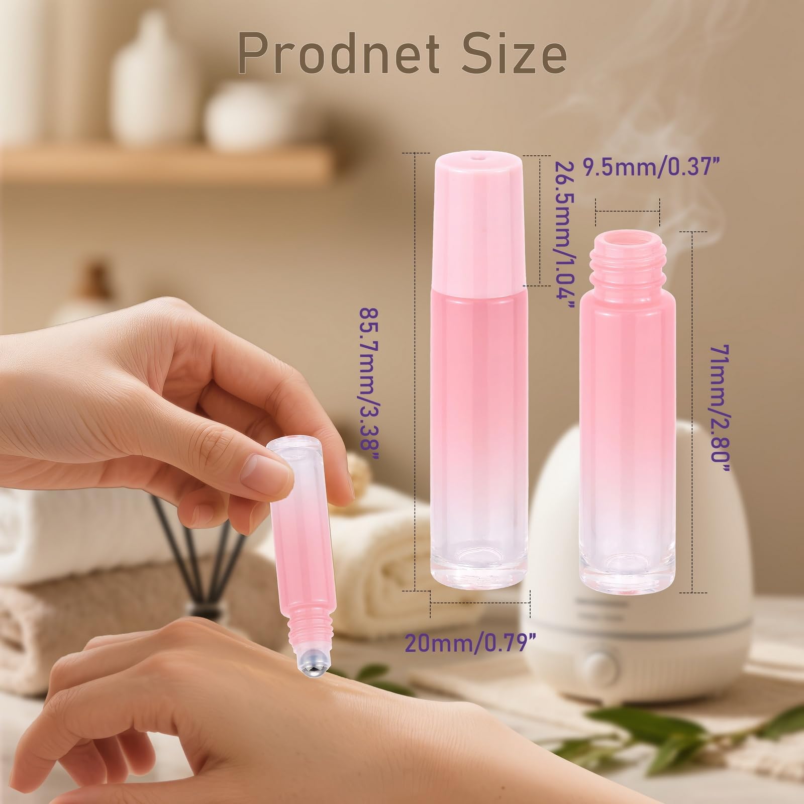 42 bottiglie di olio essenziale da 10 ml, per aromaterapia, con palline in acciaio inox, bottiglie per campioni di olio ricaricabile, colore rosa sfumato (apribottiglie e imbuto inclusi)