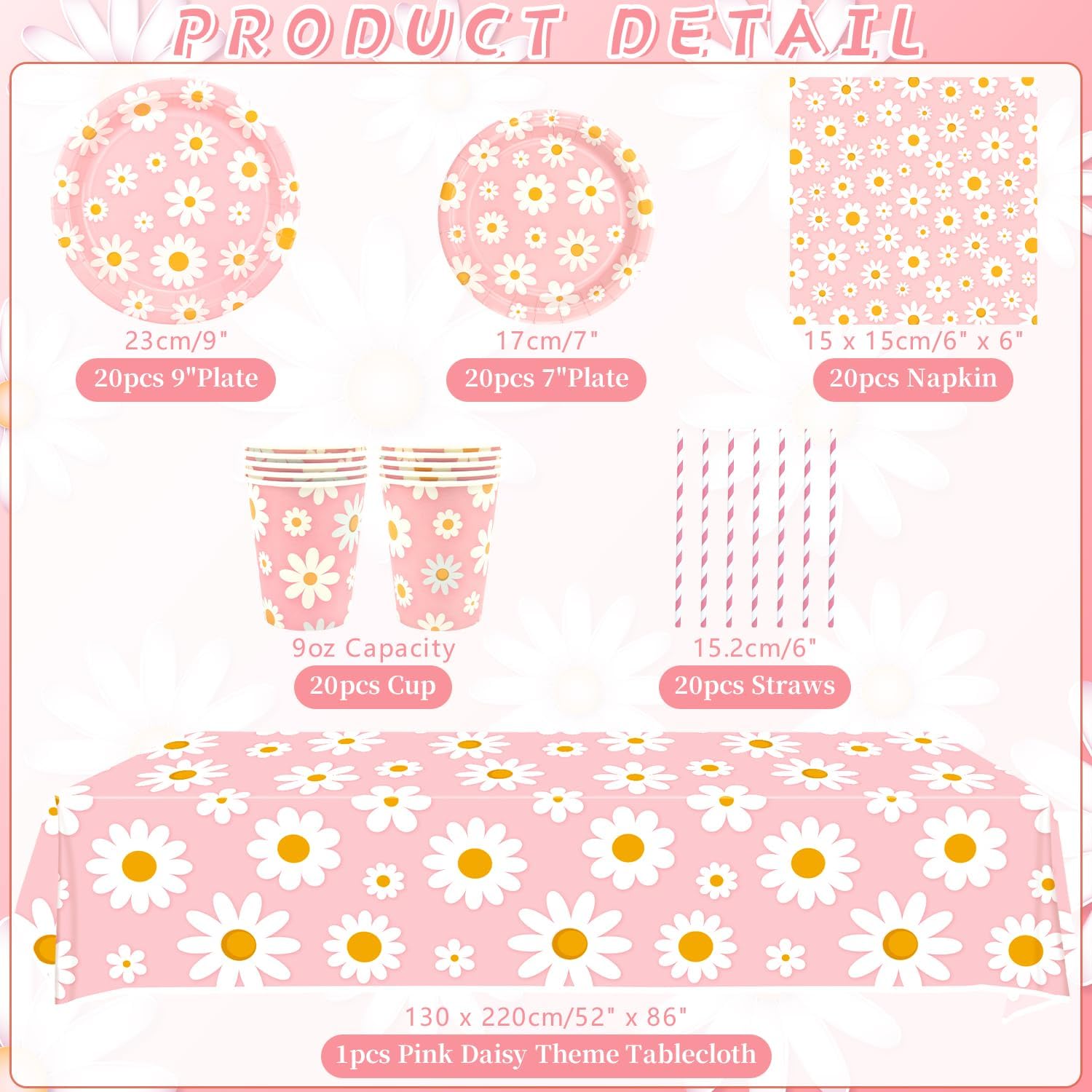 KEFAN Pink Daisy Birthday Party Decorations, Daisy Theme Party Tableware Supplies including Plates, Cups, Napkins, Tablecloth (20) - Image 2