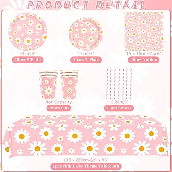 Daisy Party Decoration - Daisy Birthday Party Tableware Supplies Includes Plates, Cups, Napkins, Tablecloth, Straws - Serves 20 (Pink)