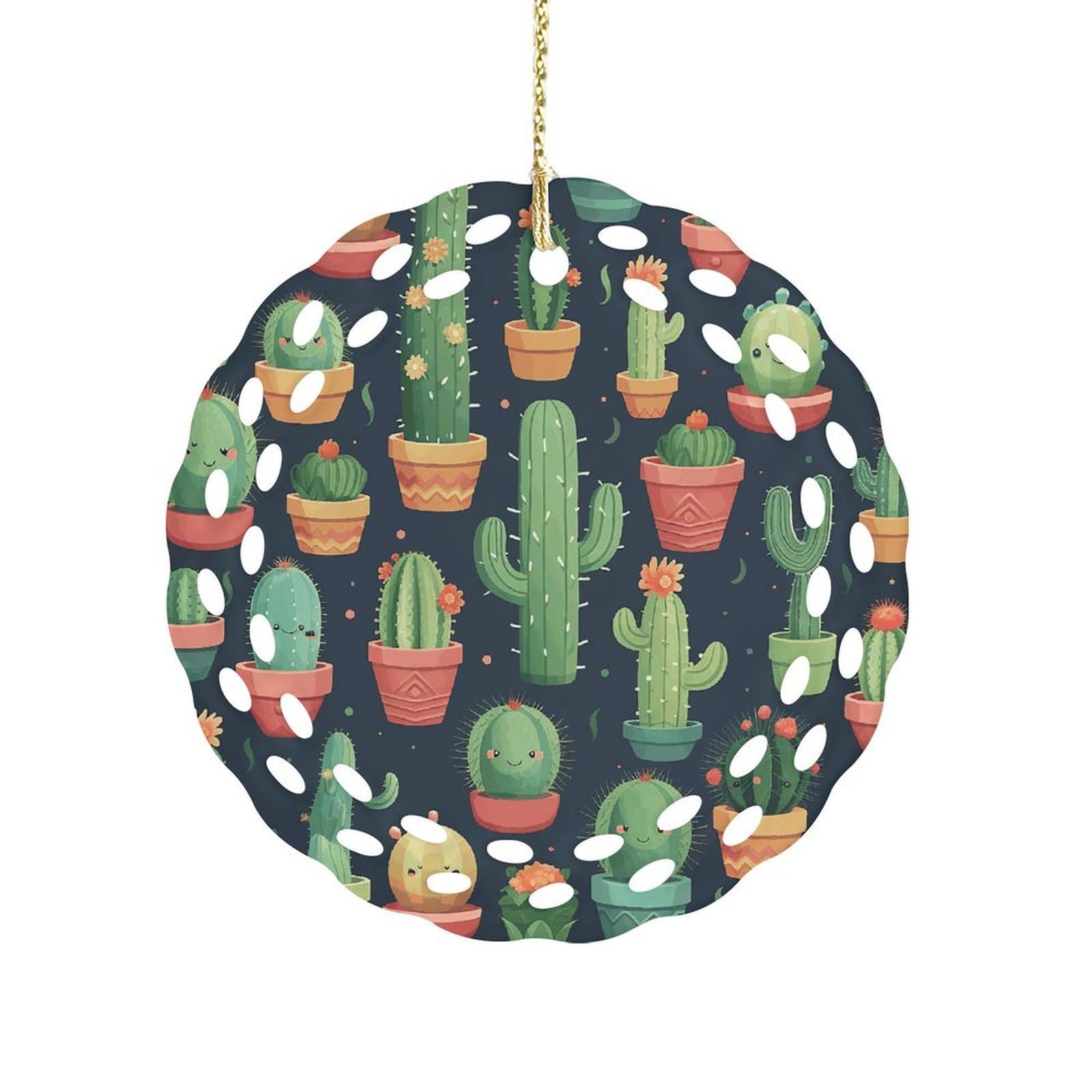 Cute Cactus Seamless Illustration Christmas Ornament Holiday Hanging Decoration Xmas Tree Keepsake Personalized Xmas Tree Ornament Round Ceramic Ornaments for Keepsake Gifts Ideas Home Decor