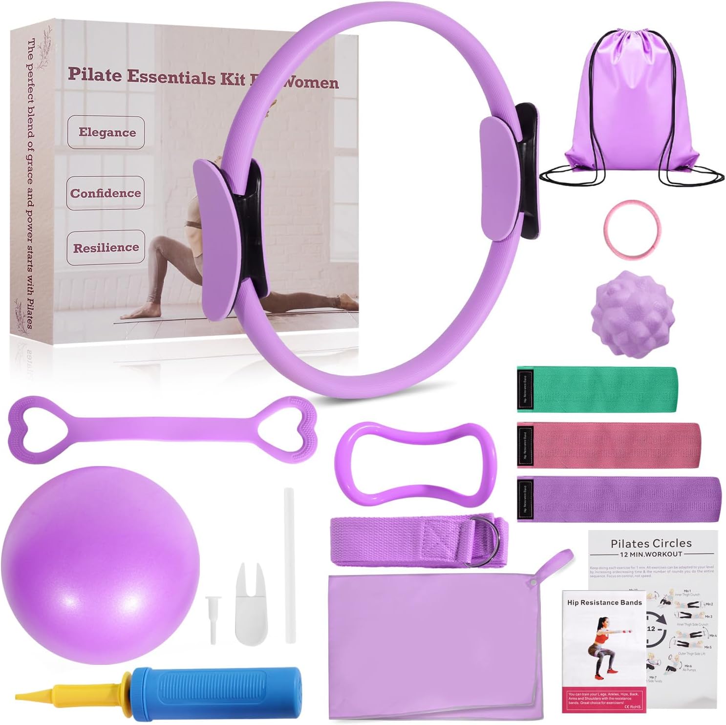 Pilates Ring Set with Resistance Bands– Anti-Slip Magic Circle Pilates Ring for Home Workouts, Full-Body Toning, Strength Training for Women 14PCS