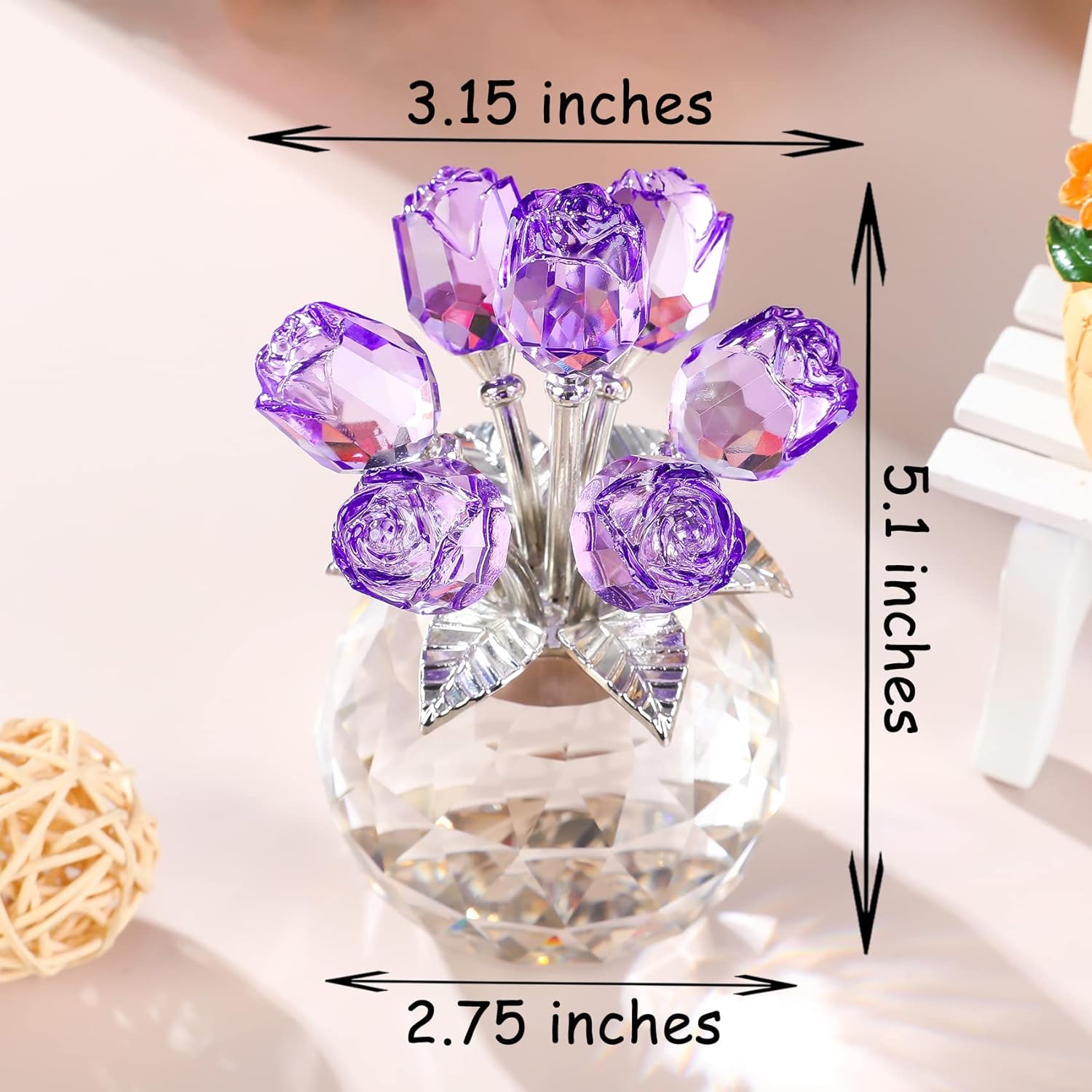 Purple Rose Flower Crystal Figurine with Vase, Bouquet Flowers Ornament Gifts for Wife Girlfriend Women , Handmade Crystal Flower Collectible Home Table Decor for Valentine's Day Wedding Anniversary - Image 3