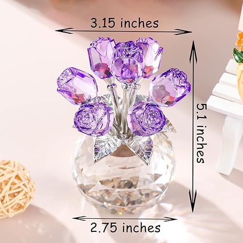 Miniatura 3 de Figura de cristal de flor de rosa morada con jarrón, adorno de ramo de flores, regalos para esposa, novia, mujeres, flor de cristal coleccionable