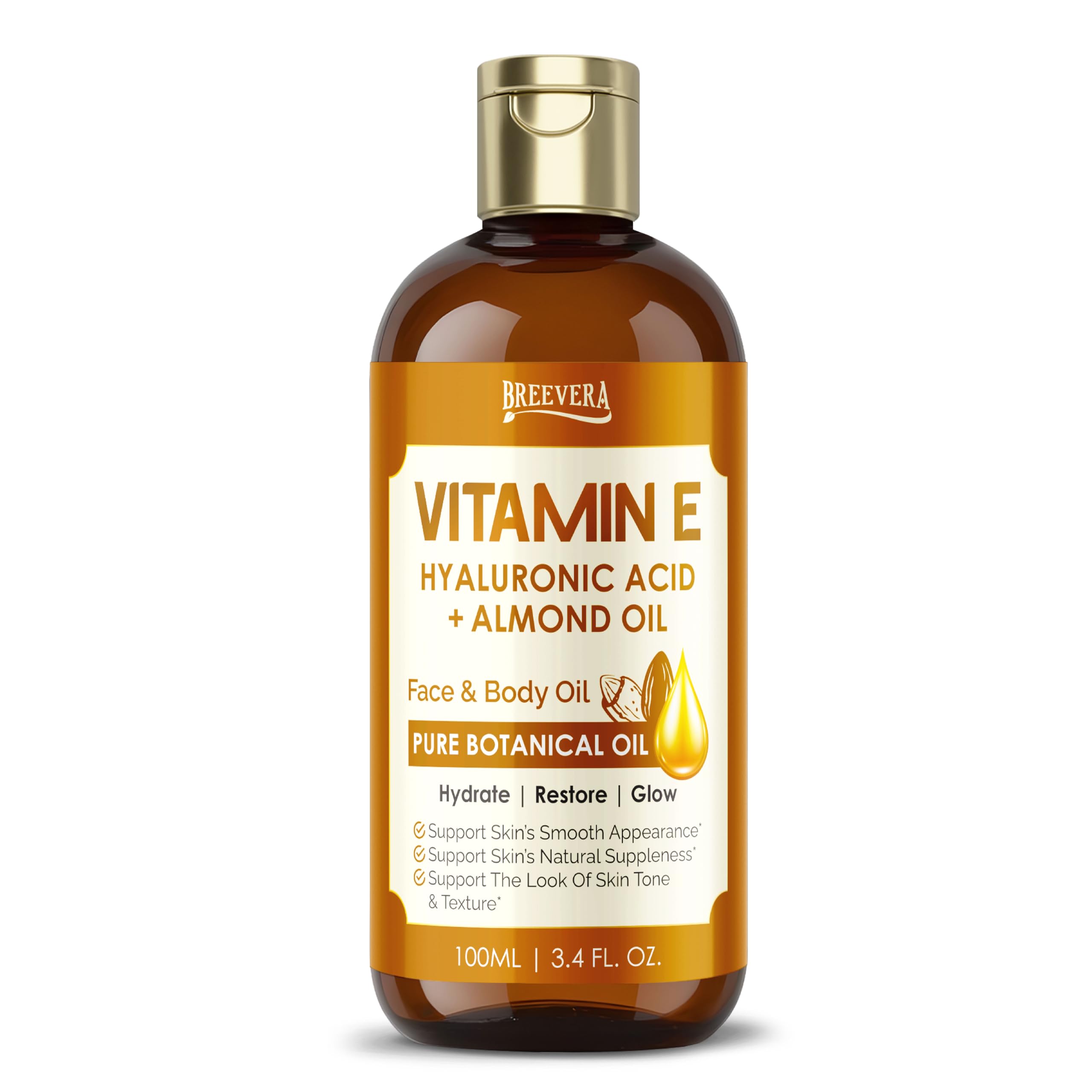 BREEVERA Vitamin E, Hyaluronic Acid & Almond Oil Face & Body Oil – Hydrate, Restore & Glow, Moisturizes Skin, Reduces Scars & Stretch Marks, Enhances