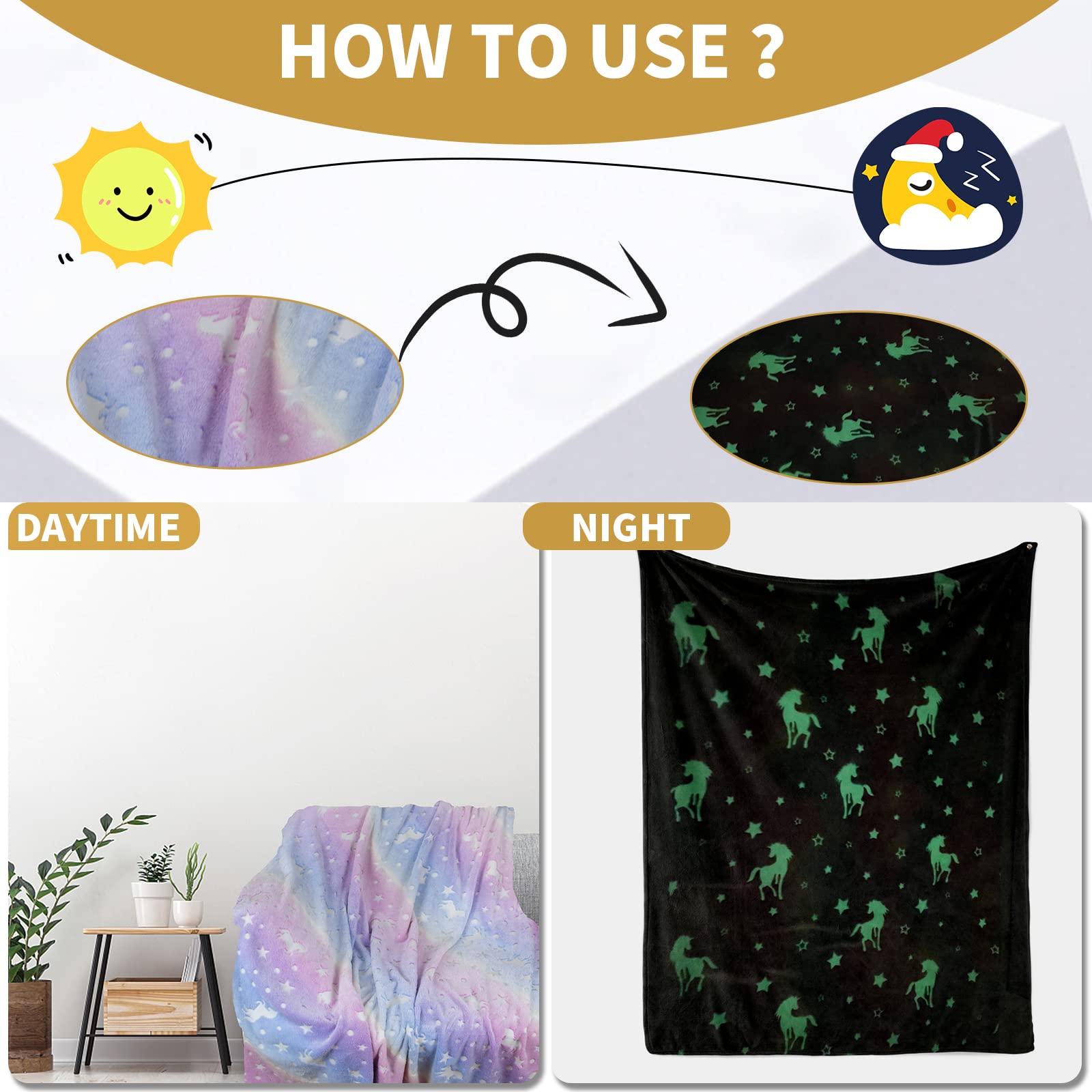 HSGLGNA Coperta per bambini, con unicorno, luce al buio, idea regalo per ragazze, super morbida e calda, coperta da letto, con unicorno, colore: rosa