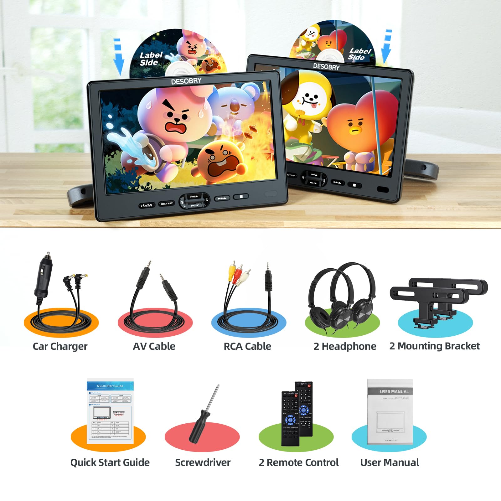 DESOBRY Auto DVD Player 10,5 Zoll 2 Monitore Kopfstütze 2 Kopfhörer HDMI Eingang AV Kabel, Kinder Fernseher Unterstützt 1080P, Auto-Bildschirm Unterstützung USB/SD, Last Memory