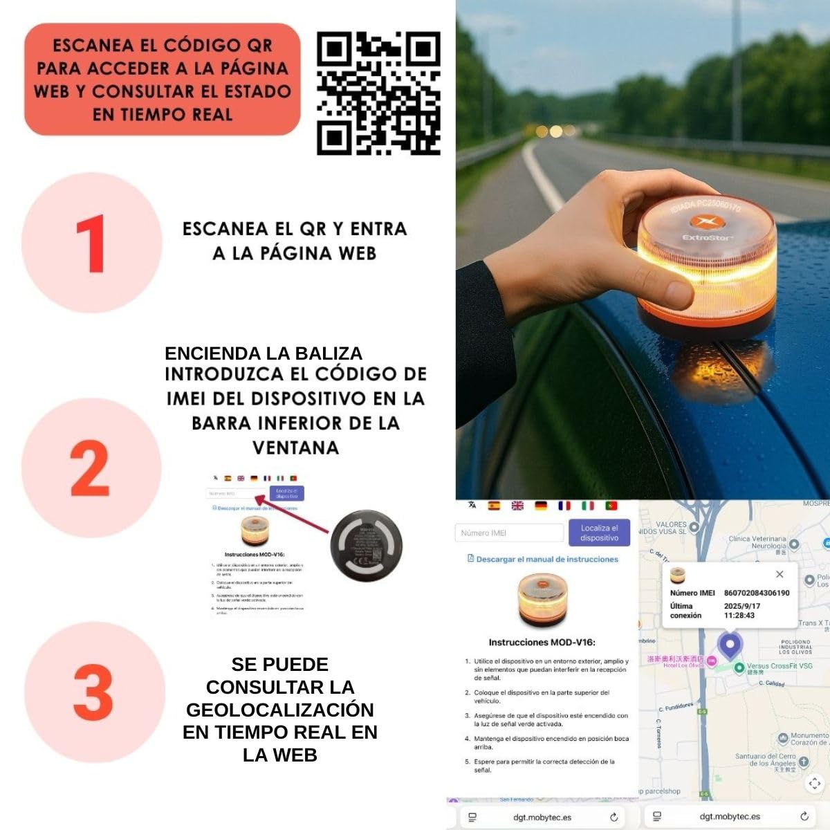 HIBRON EXTRASTAR Baliza V16 Homologada DGT con Geolocalización, Conectada 3.0, Datos hasta 12/2038