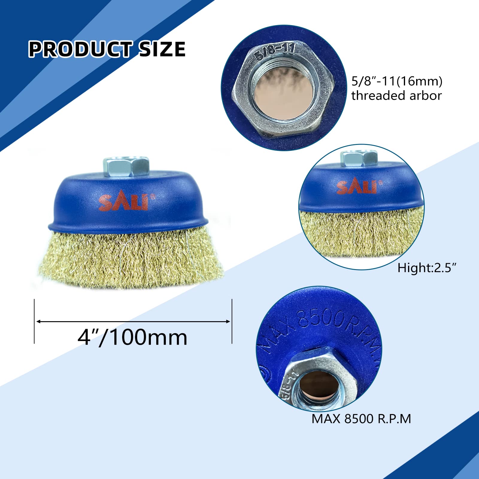 SALI Paquete de 18 cepillos de alambre para tazas, cepillo grueso de 4 pulgadas para amoladoras, con eje de 5/8 pulgadas -11 para limpieza pesada, óxido, pelado y abrasivo, para amoladora angular