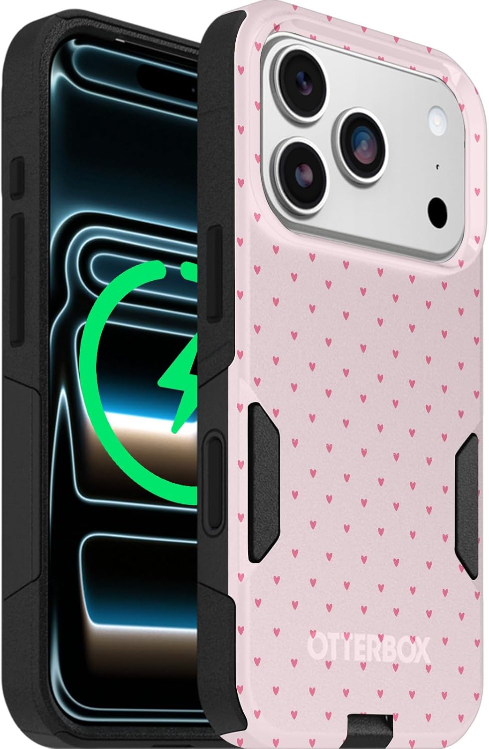 OtterBox iPhone 17 Pro (Only) – Commuter Series Case – Built-in MagSafe – Thin, Dual-Layer, Pocket-Friendly, Port Cover – Love is in the Air Hearts (Pink Heart)