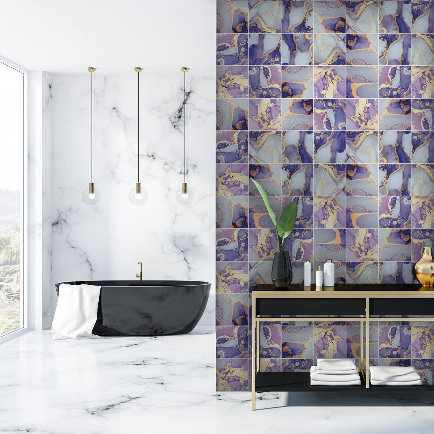 Alwayspon 12PcsX15cm/6inch Vinyl Wall Tile Sticker Transfer, Waterproof Sticky Back Tile Sticker for Kitchen Bathroom Self-adhesive Peel and Stick PVC Stick on Tile, Purple Marble
