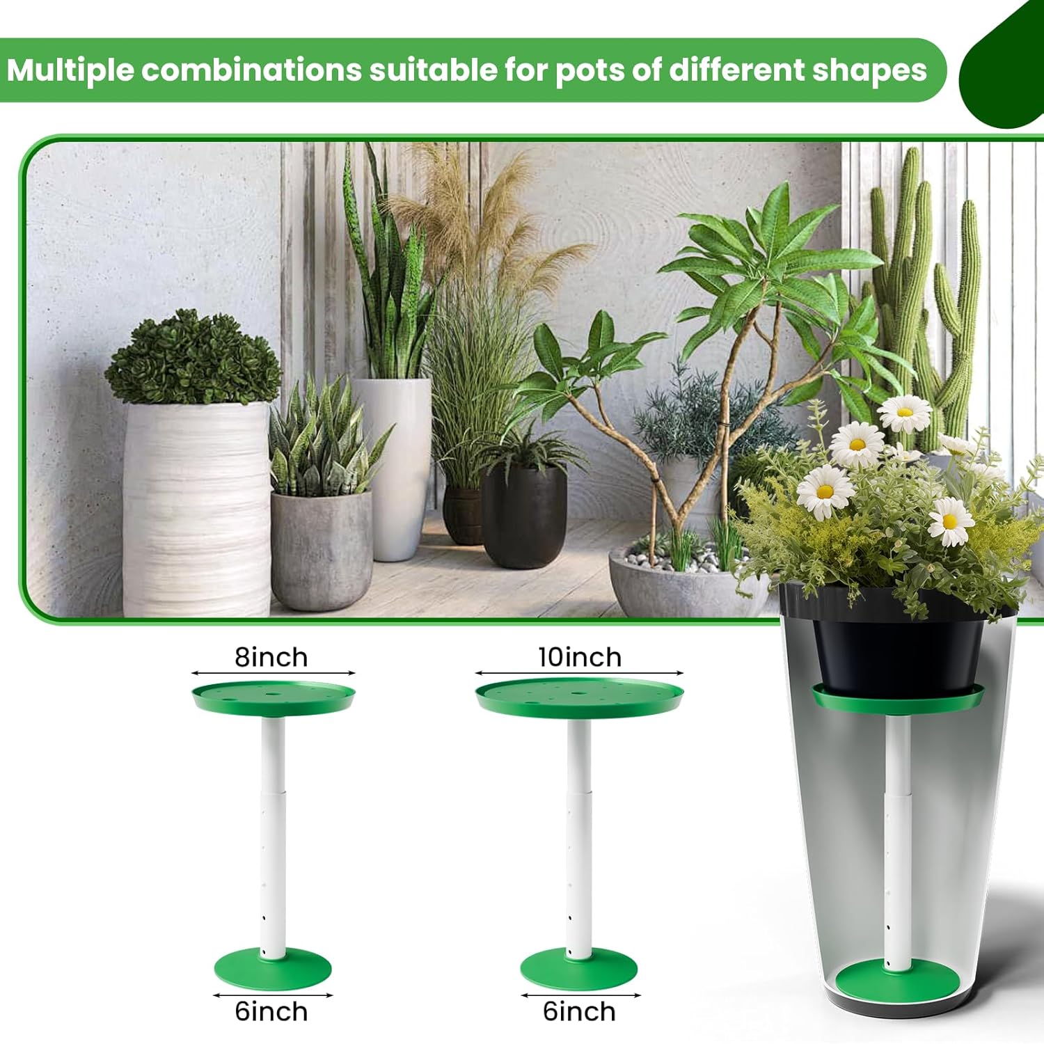 Adjustable Height Planter Inserts for Large Pots, Tall Tapered Plant Riser for Inside Pots, (11-17” Rise, 6" Base, 8" or 10" Top) (2-Pack Short Lift 11-17” Rise)