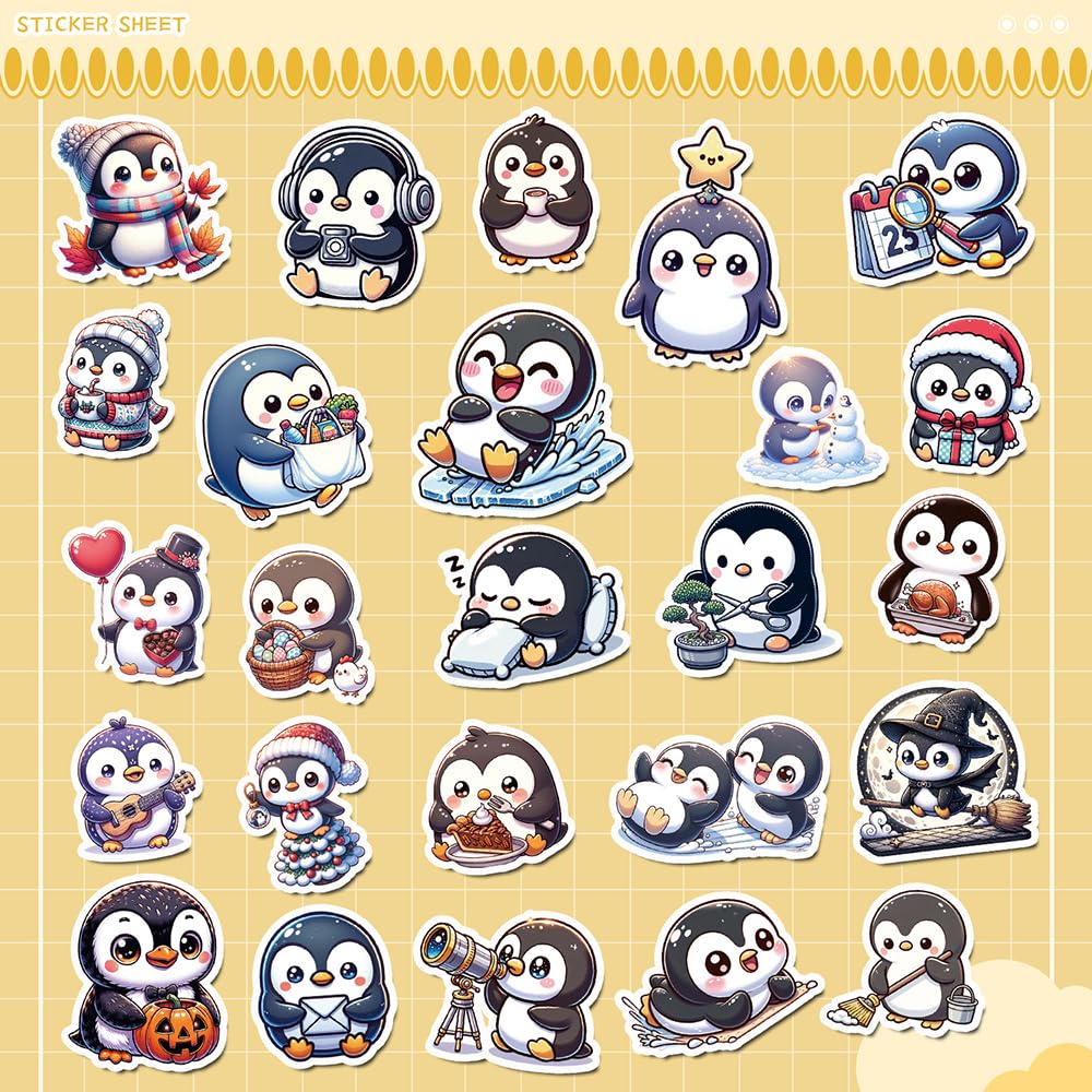 Cute Penguin Vinyl Stickers, 50 PCS Waterproof Cartoon Animal Decals for Laptops Scrapbooking, Journals, Notebooks - Image 2