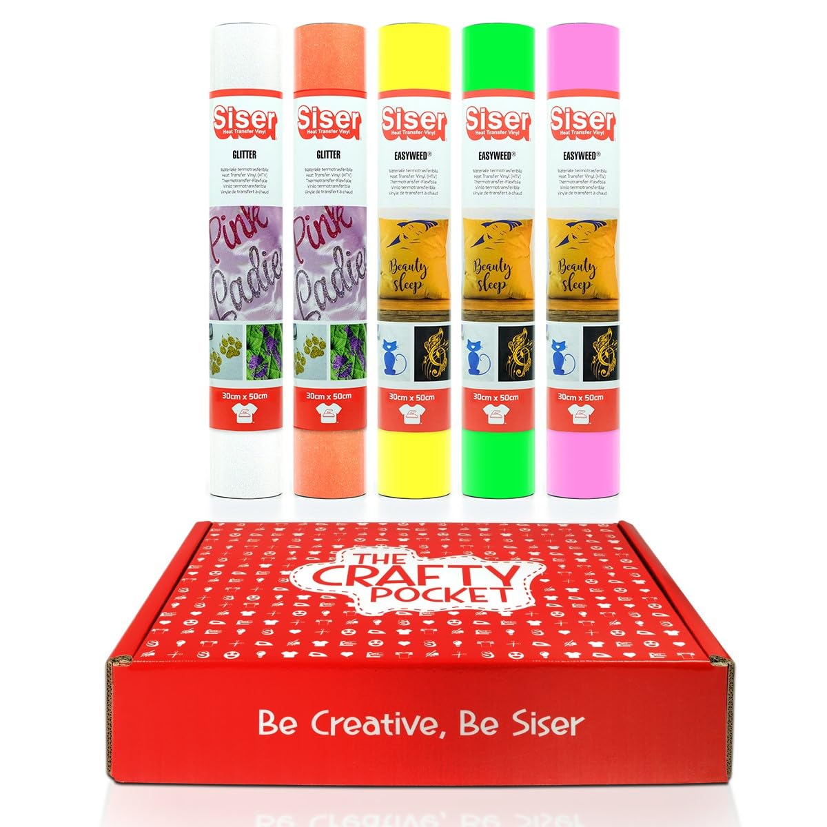 Siser Crafty Pocket Fluo - Thermotransfer-Vinyl zur Personalisierung von Stoffen, für alle Schneideplotter geeignet - Kit enthält 5 Rollen 30 x 50 cm in fluoreszierenden Farben