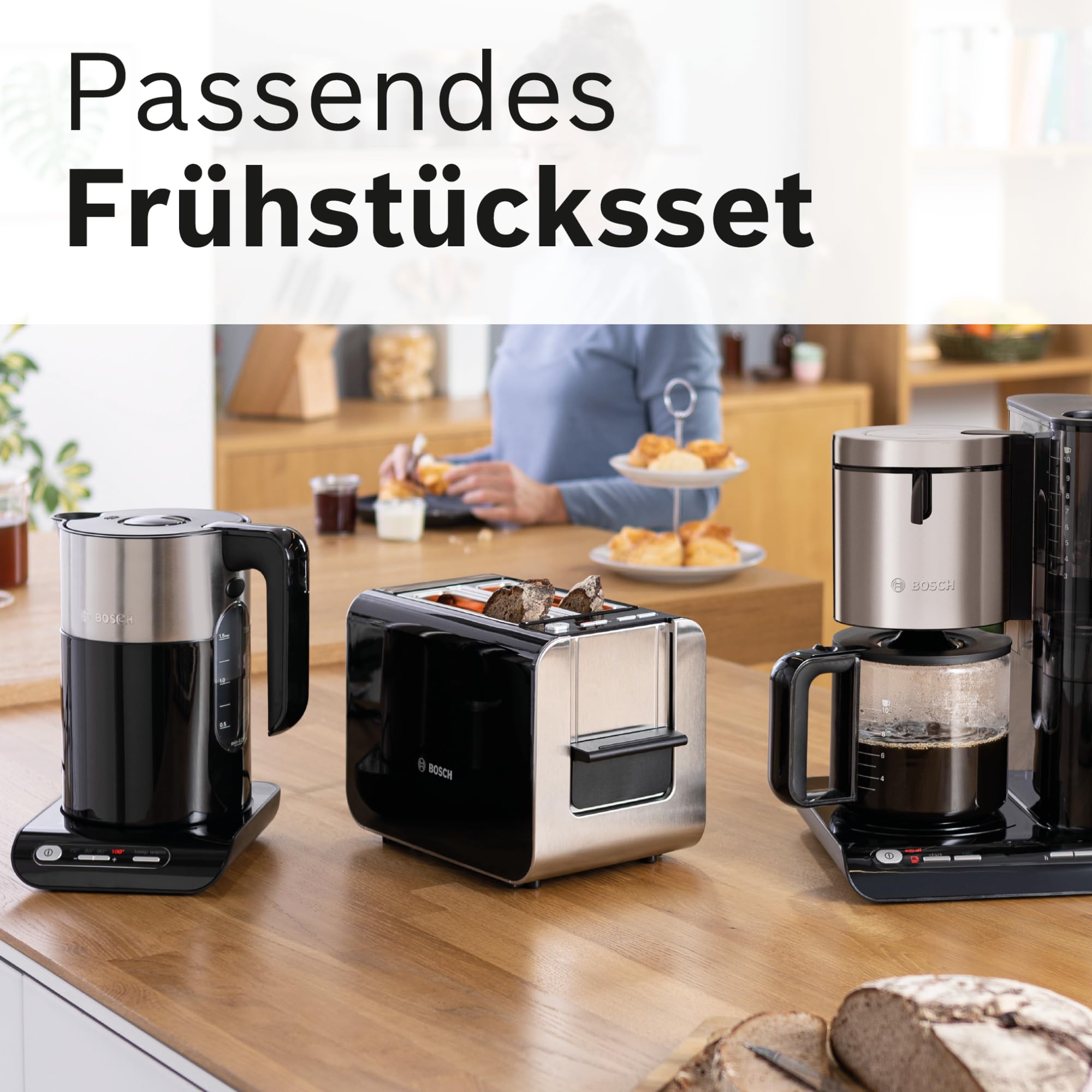 Bosch kabelloser Wasserkocher TWK8613P, Abschaltautomatik, Überhitzungsschutz, Temperaturwahl, Warmhaltefunktion, 1,5 L, 2400 W, schwarz