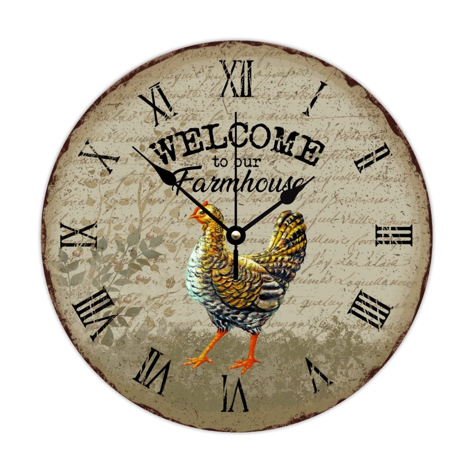 Horloge ronde en bois style rustique avec coq décoratif pour salon et cuisine