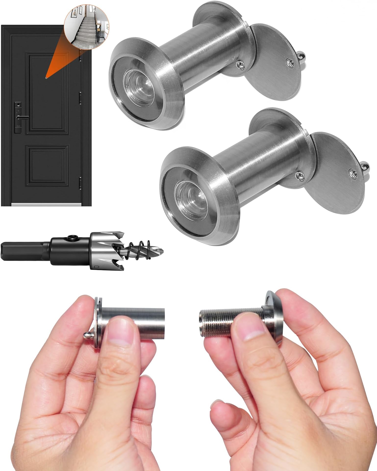 200-Degree Solid Brass Door Viewer with 16mm Drill Bit, 2packs Peep Holes Peephole for Door with Heavy Duty Privacy Cover, for 1-3/8" to 2-3/8" Doors, Apartmenthome Office Hotel, Silver