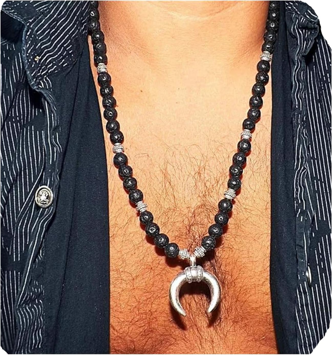 Liliya Jewelry Mens Lava Rock Necklace – Natural Black Volcanic Stone Beads with Silver Crescent Moon Pendant – Handmade Tribal Surfer Jewelry – 25 Inch