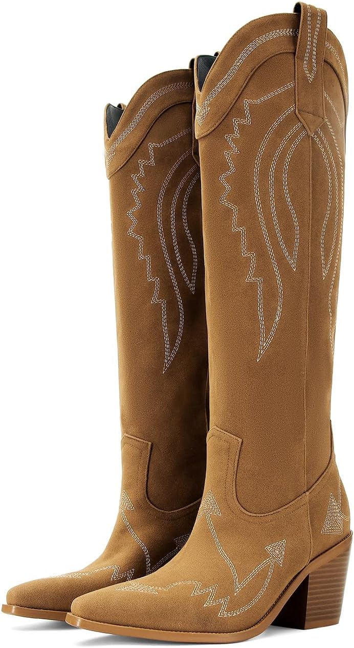 Cowboy Boots for Women Western Knee High Wide Calf Cowgirl Boots with Chunky Heel Snip Toe Embroidery for Country Concert