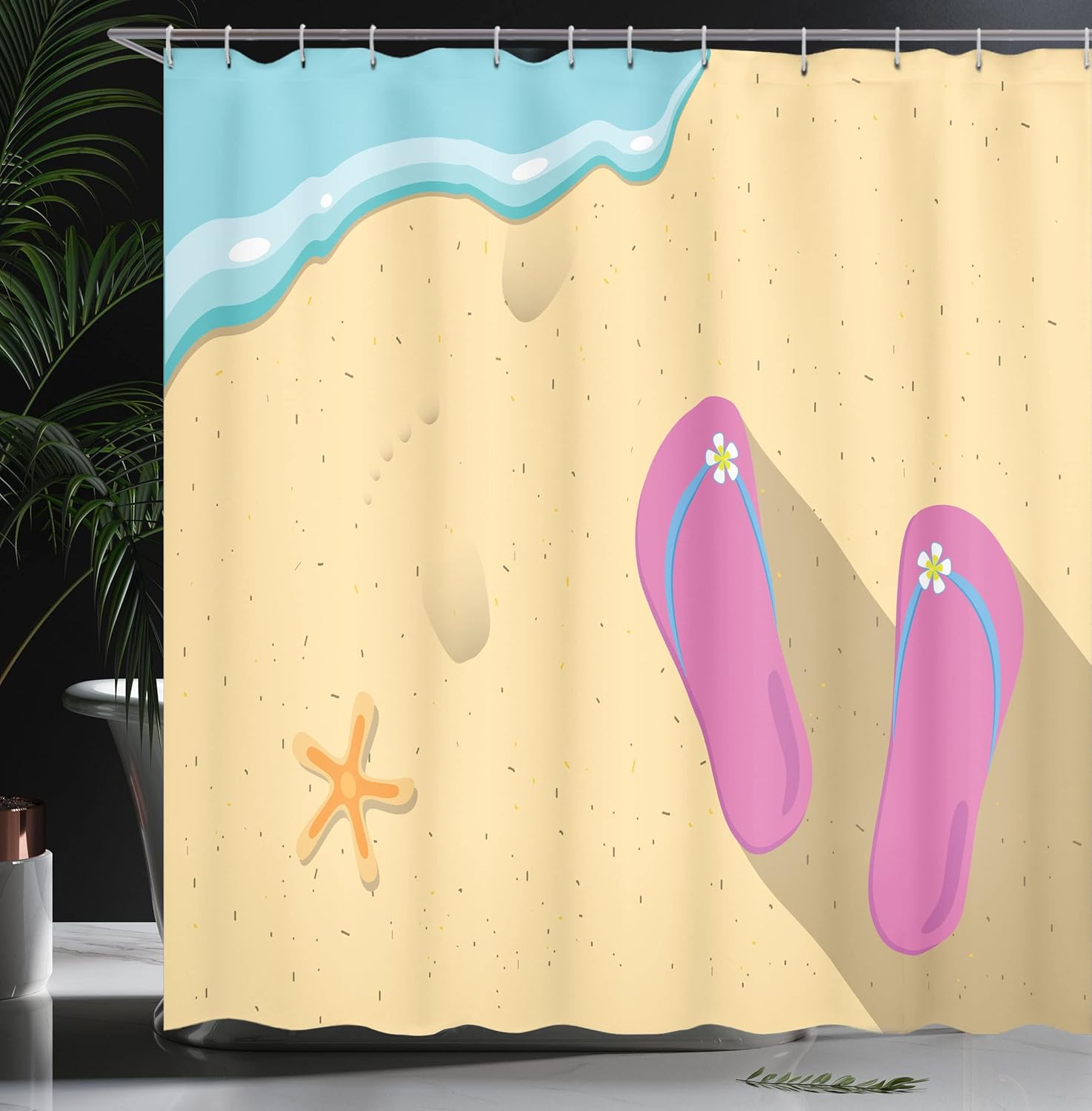 Ambesonne Flip Flop Shower Curtain, Pinky Beach Thong and Starfish on Grainy Looking Sands by The Waves, Cloth Fabric Bathroom Decor Set with Hooks, 69" W x 70" L, Seafoam Pink