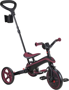 GLOBBER Explorer Trike Katlanabilir 4'ü 1 Arada Koyu Kırmızı – Üç Tekerlekli Bisiklet ve Bebek Arabası 10/8,5 inç – TPR Koltuk – Yüksekliği Ayarlanabilir Çocuk Arabası