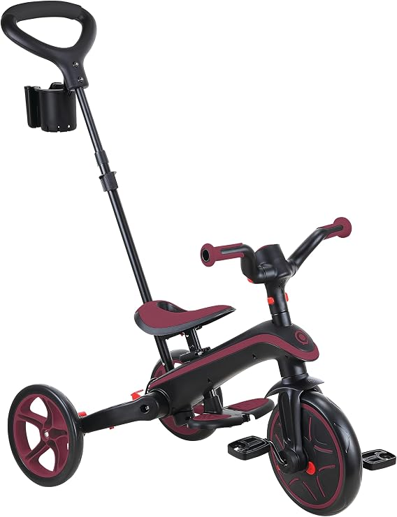 GLOBBER Explorer Trike Katlanabilir 4'ü 1 Arada Koyu Kırmızı – Üç Tekerlekli Bisiklet ve Bebek Arabası 10/8,5 inç – TPR Koltuk – Yüksekliği Ayarlanabilir Çocuk Arabası