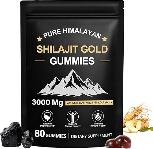Gomitas Shilajit, gomitas puras del Himalaya Shilajit doradas, sin azúcar añadido, sin OMG, 100% naturales y orgánicas, Ashwagandha, Gokshura, ácido