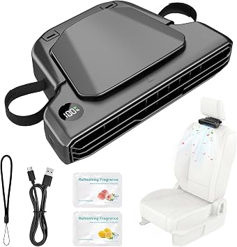 Premium Rechargeable Car Seatback Fan with Aromatherapy, Detachable Portable Car Headrest Fan for Kids Cooling with Hidden Stand, 5-Speed & LED Display, Carseat Fan for for Driver, Passenger, Baby&Dog