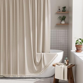AmazerBath Farmhouse Shower Curtains for Bathroom, Tan Shower Curtain with Tassels, Taupe Rustic Faux Linen Shower Curtain Set with 12 Hooks, 72x72 Inches