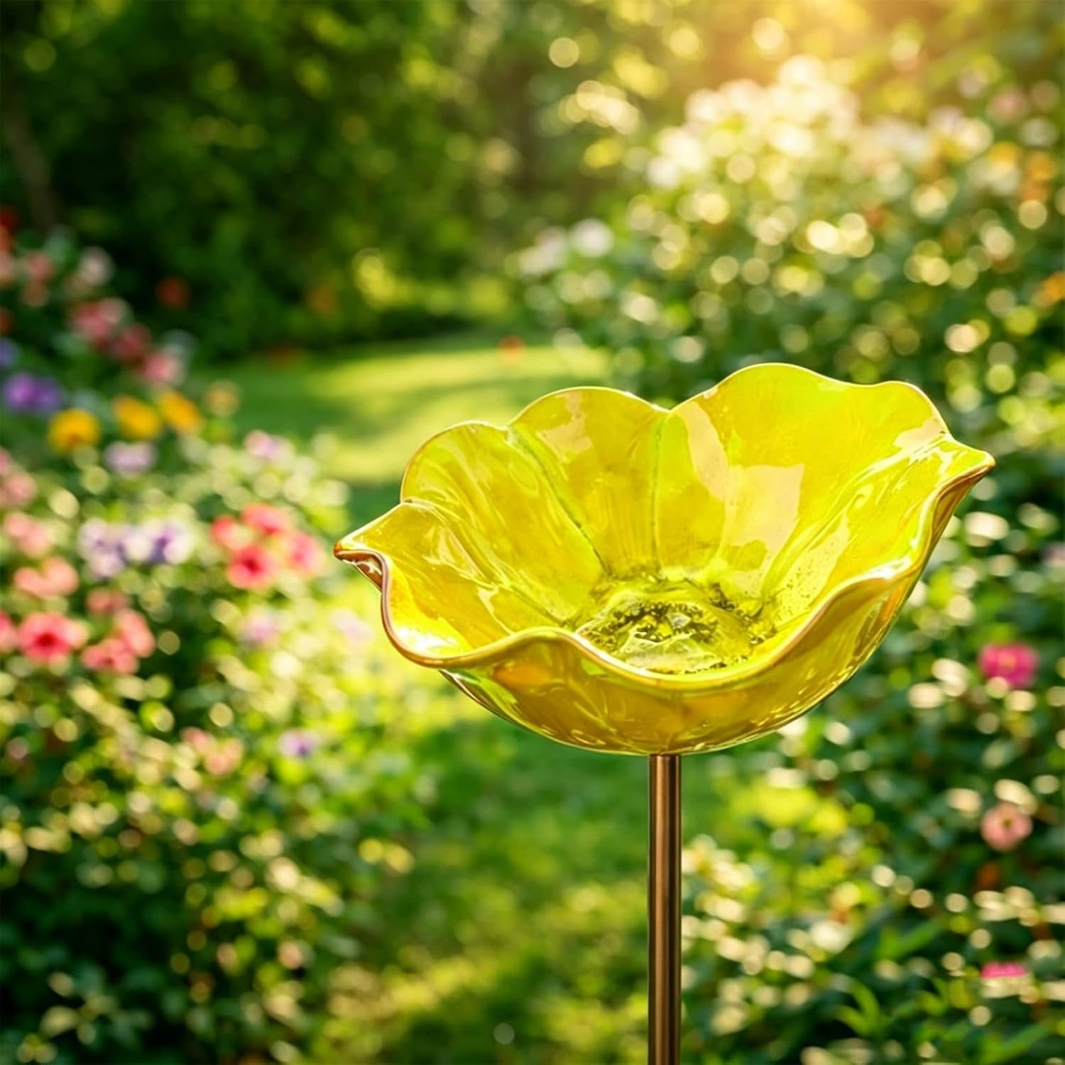 Handmade Metal Flower Garden Stakes, 2026 UpgradeMetal Flower Garden Stakes Bird Bath Bee Watering Station, Colorful Butterfly Bees Bath Bowl, Flowers Design, for Outdoor Yard Garden Decor (Yellow)