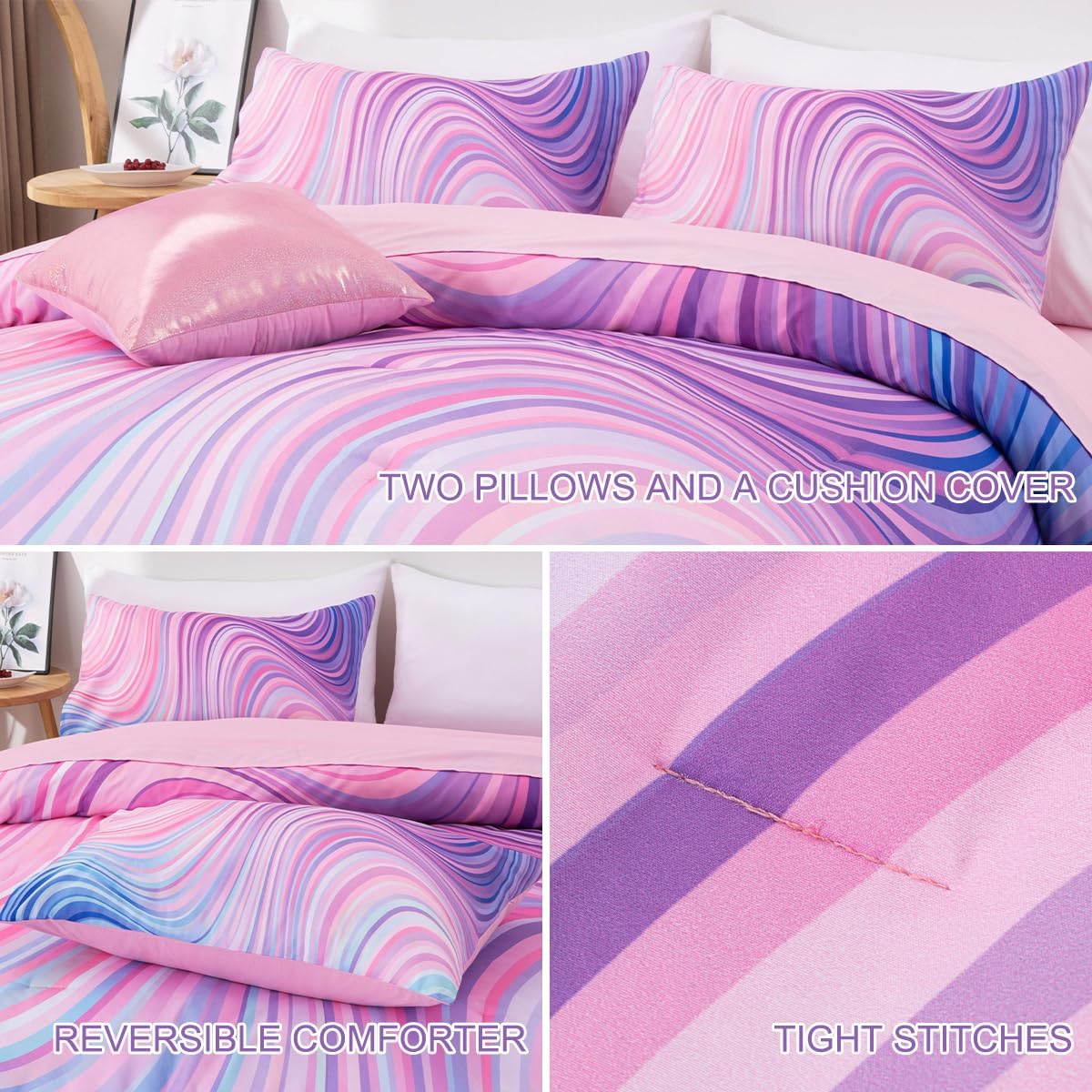Btargot Super Soft 6 Pieces Gradient Star Ring Comforter Set, Colorful Glitter Rainbow Wave Stripes Pattern Bedding Set for Boys Girls Teens, Queen Drak Purple