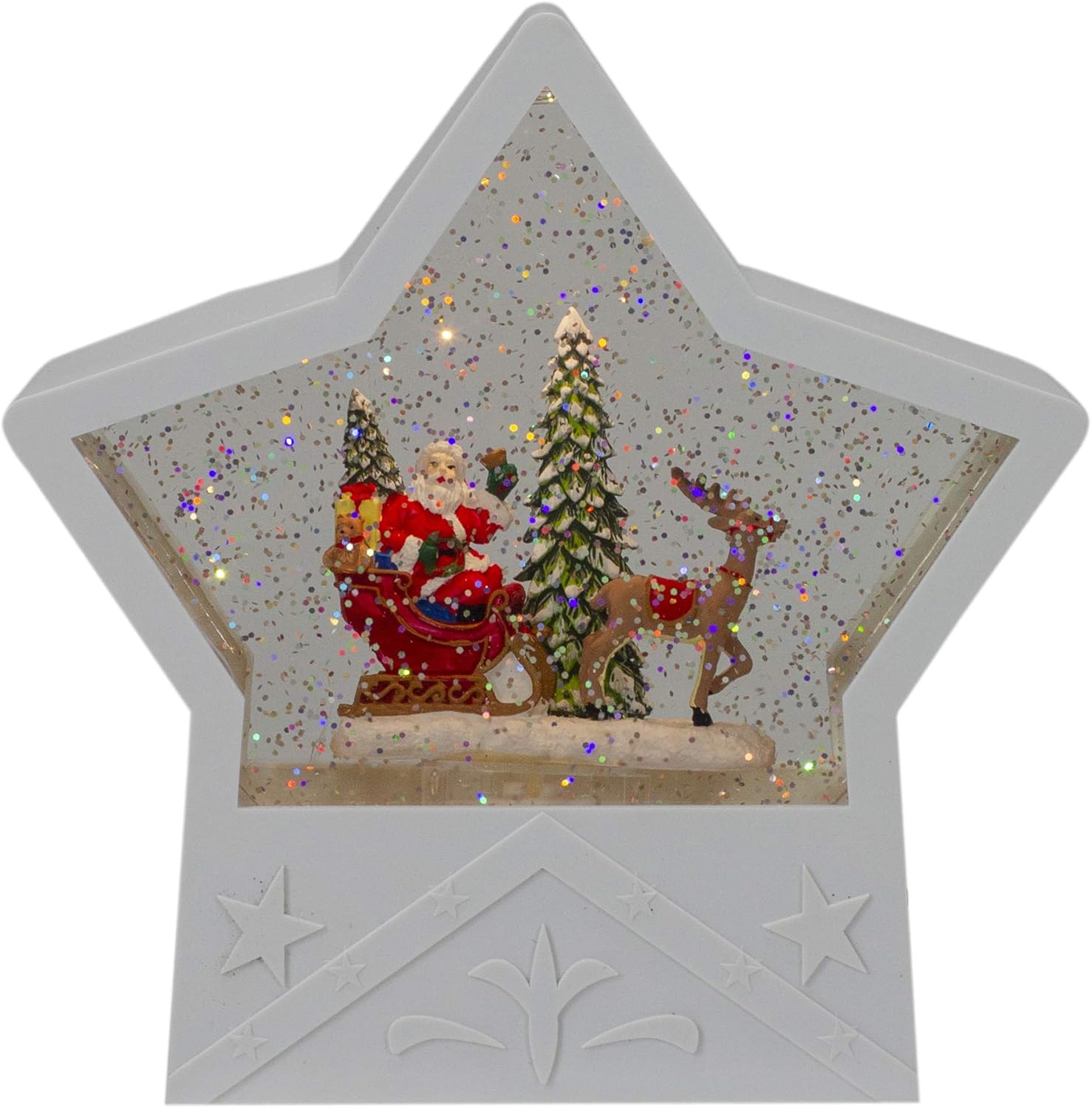 7" Lighted White Star Christmas Snow Globe with Santa in Sleigh