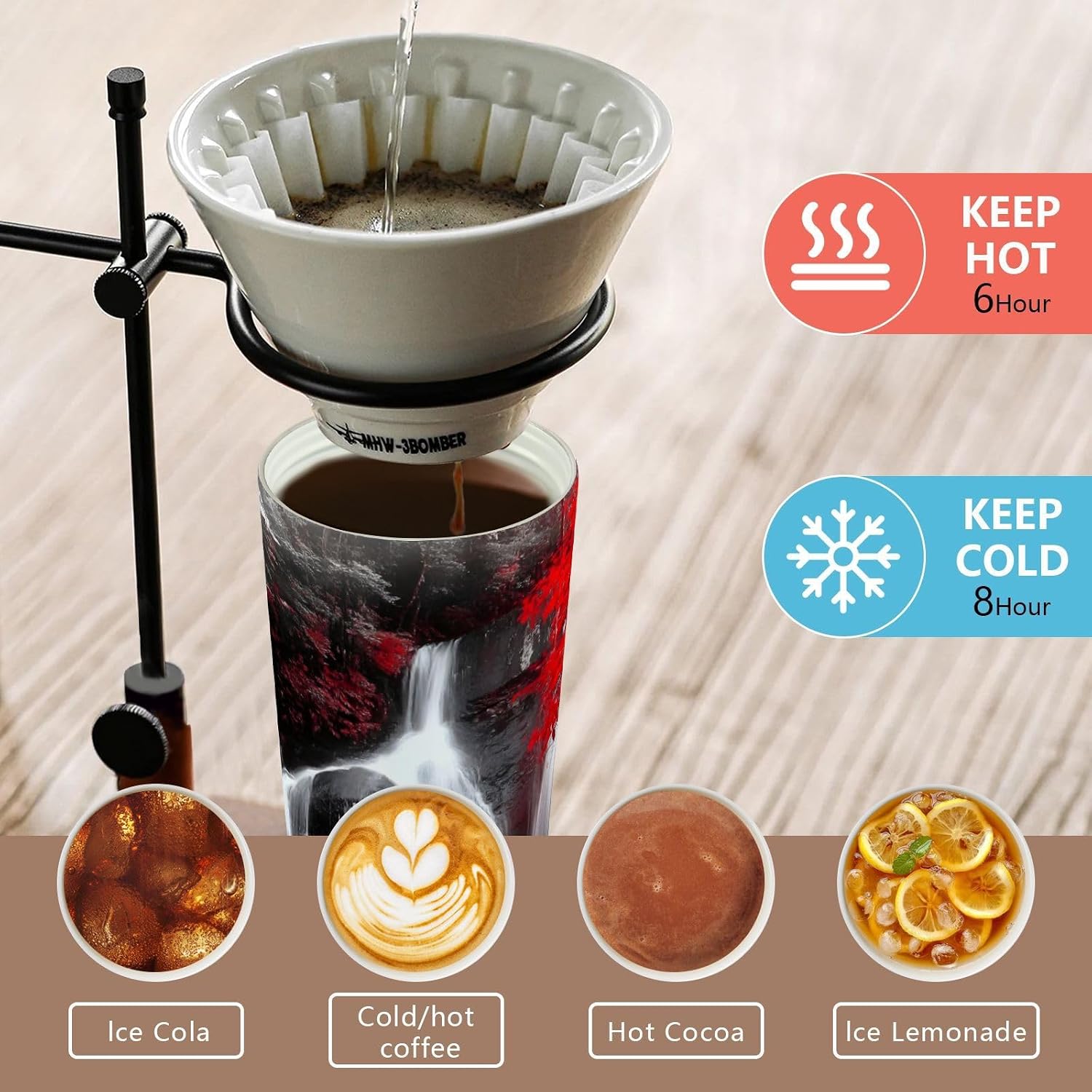 Insulated Coffee Mug Waterfall Red Tree with Straw & Flip Lid, 16.9oz Iced Tumbler Cup, Double Wall Vacuum Mug for Travel Office Camping