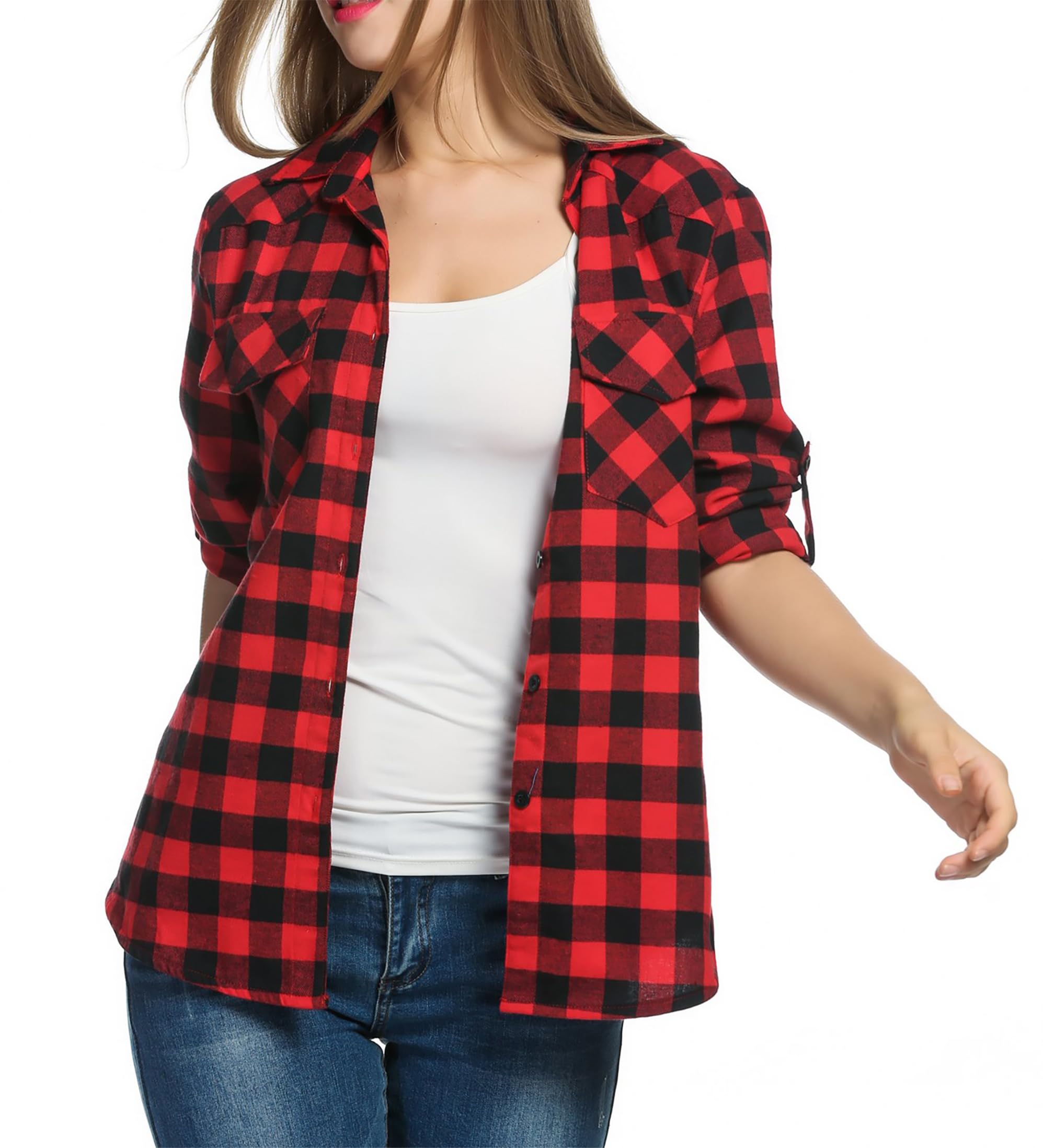 Timuspo Damen Kariertes Hemd mit Knopfleiste Langarm Oktoberfest Bluse Karo Tunika Baumwolle Tops Casual V-Ausschnitt Oberteile Rot/XXL