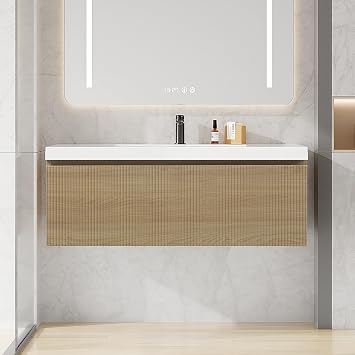 42 Inch Floating Bathroom Vanity with Sink, Modern Oak Wall Mounted Floating Vanity with Glossy Resin Sink, Soft Closing Drawer, Fully Pre Assembled Bathroom Vanity, Natural Oak